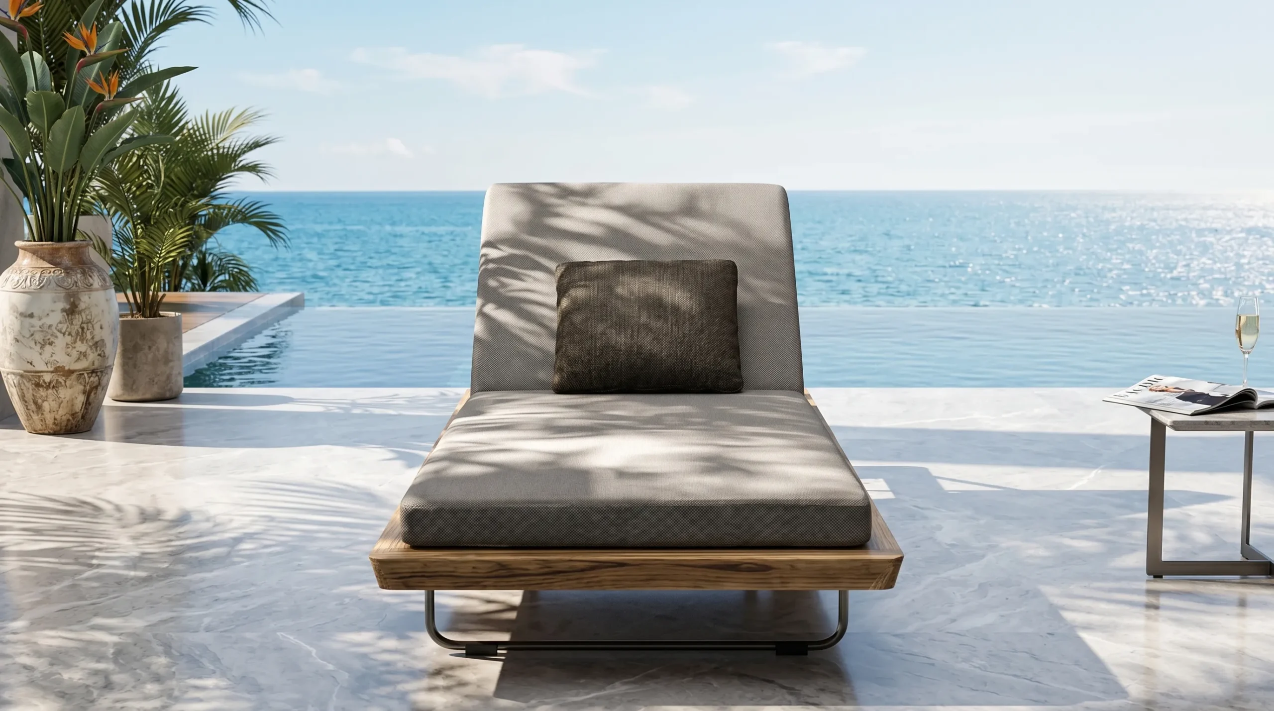 Grade-A Teak Outdoor Sun Lounger with Grey Cushion