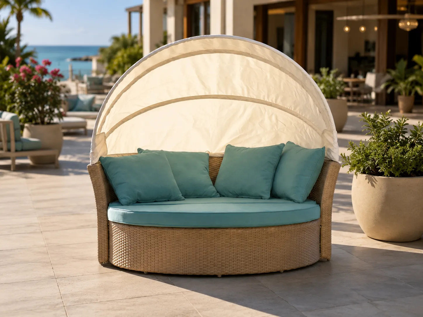 Wicker canopy daybed with blue cushions for hotel outdoor leisure areas