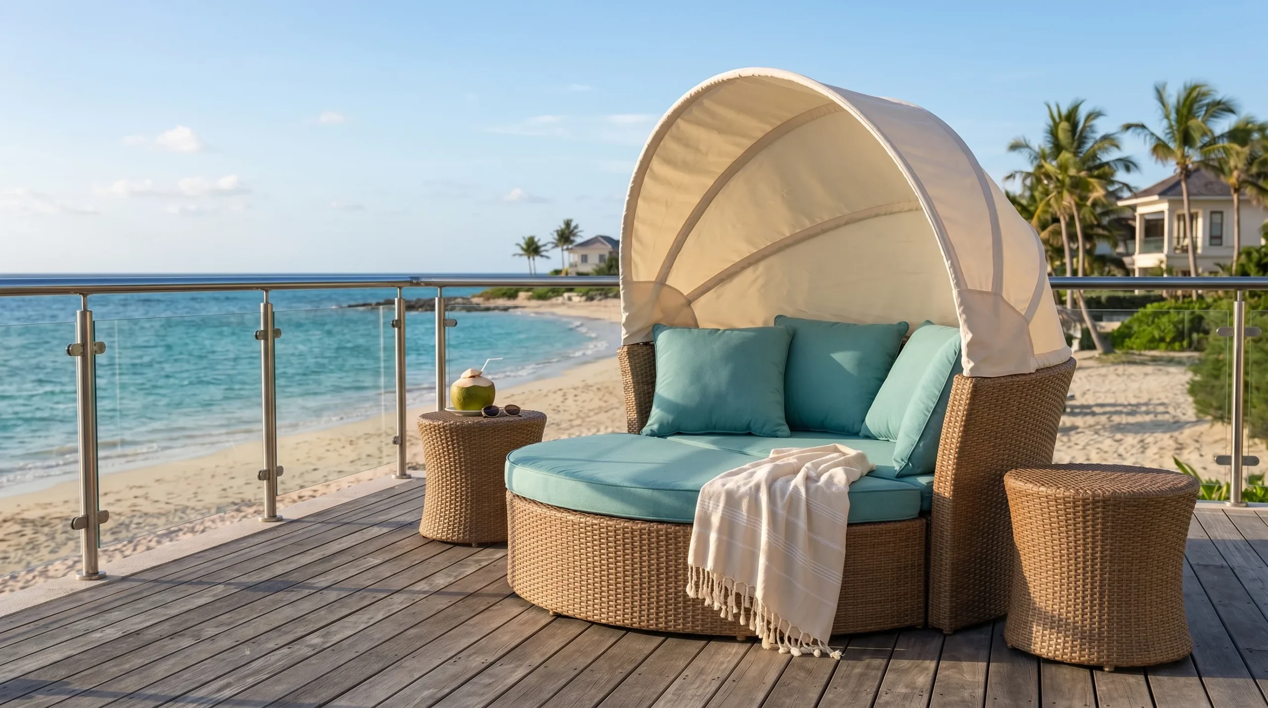Large Wicker Outdoor Daybed with Adjustable Canopy