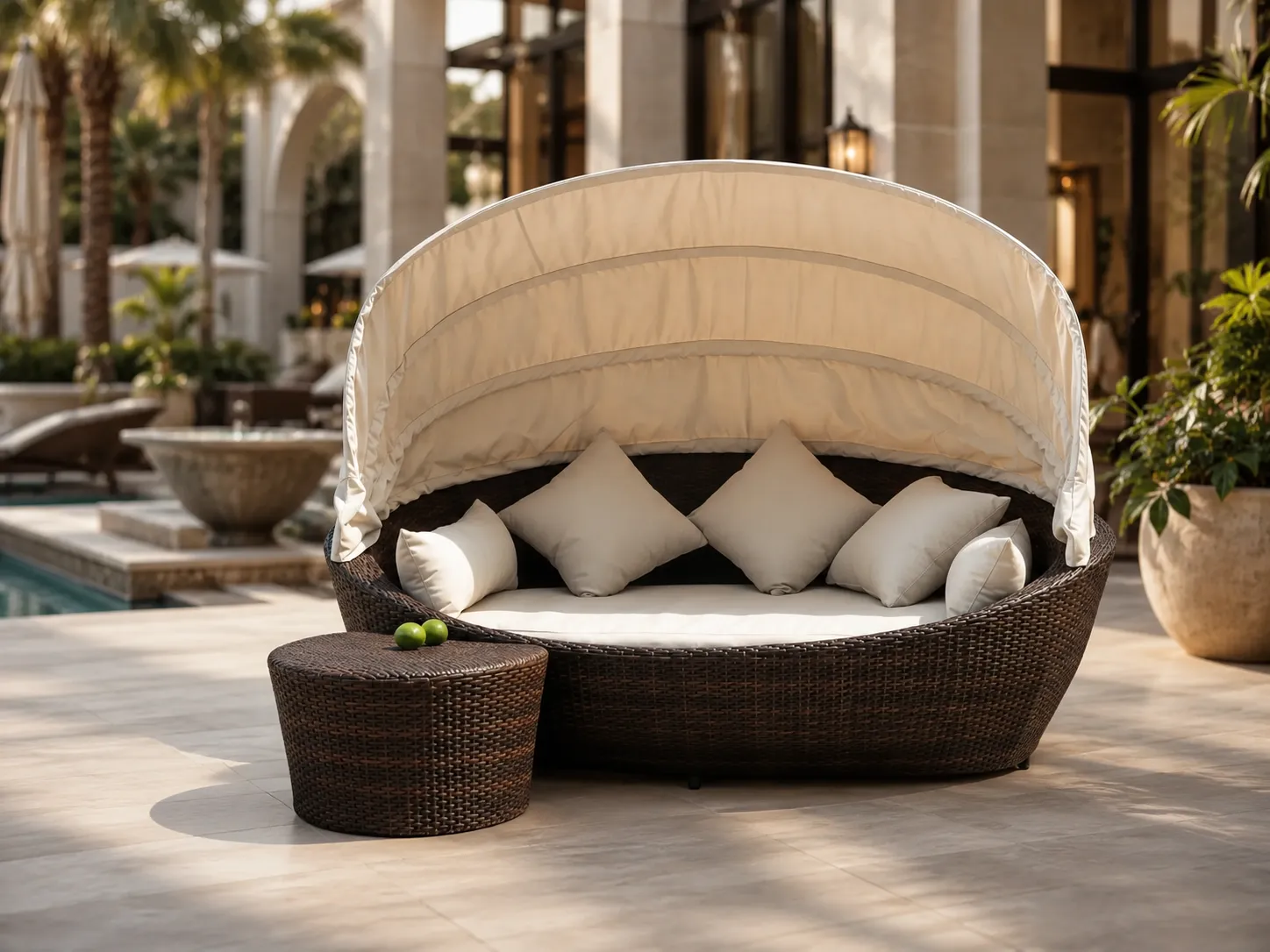 Wicker outdoor canopy daybed for hotel leisure areas