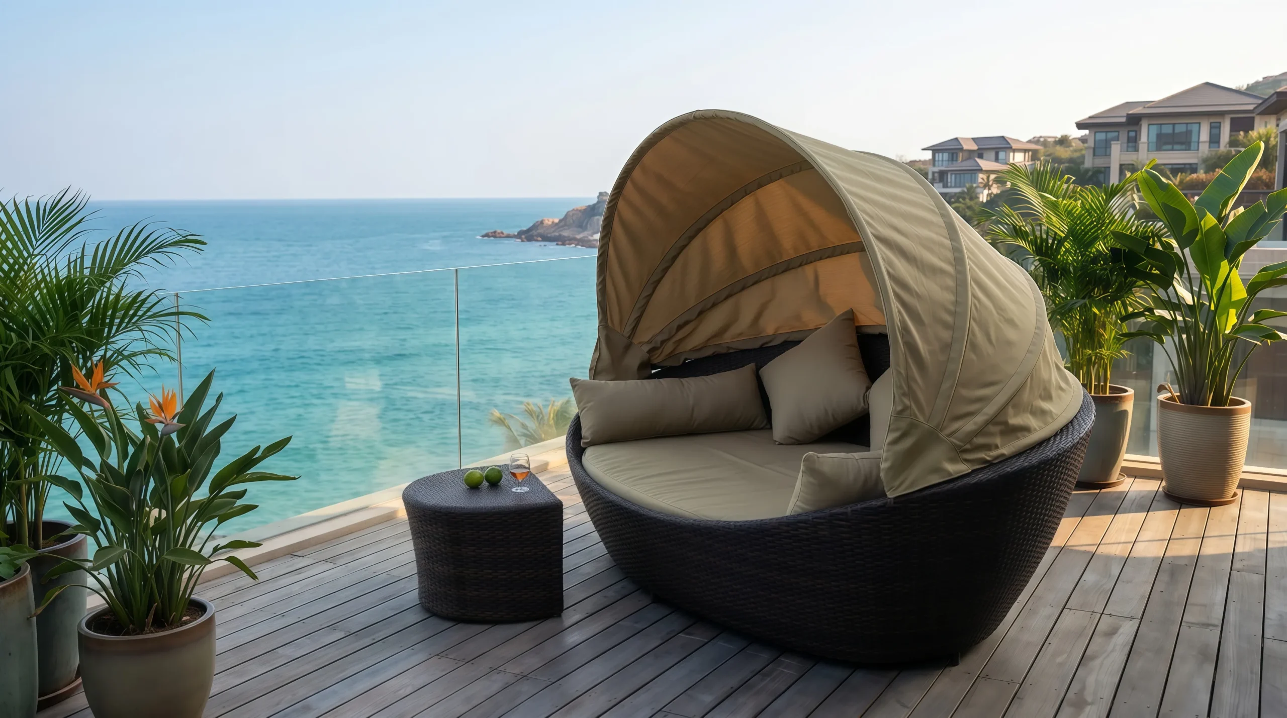 Wicker Outdoor Canopy Daybed with Side Table