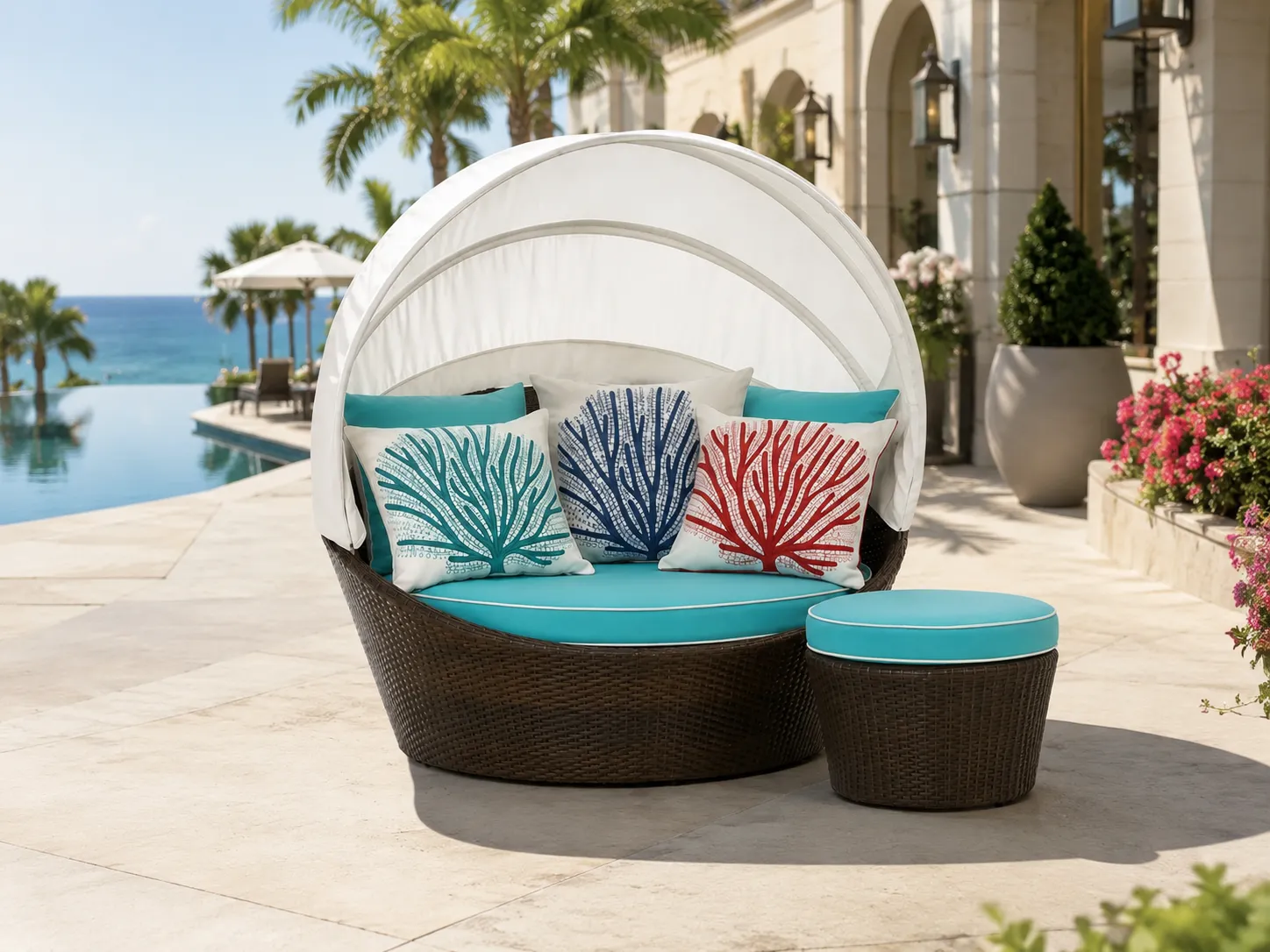 Wicker outdoor daybed with foldable canopy for hotel leisure areas