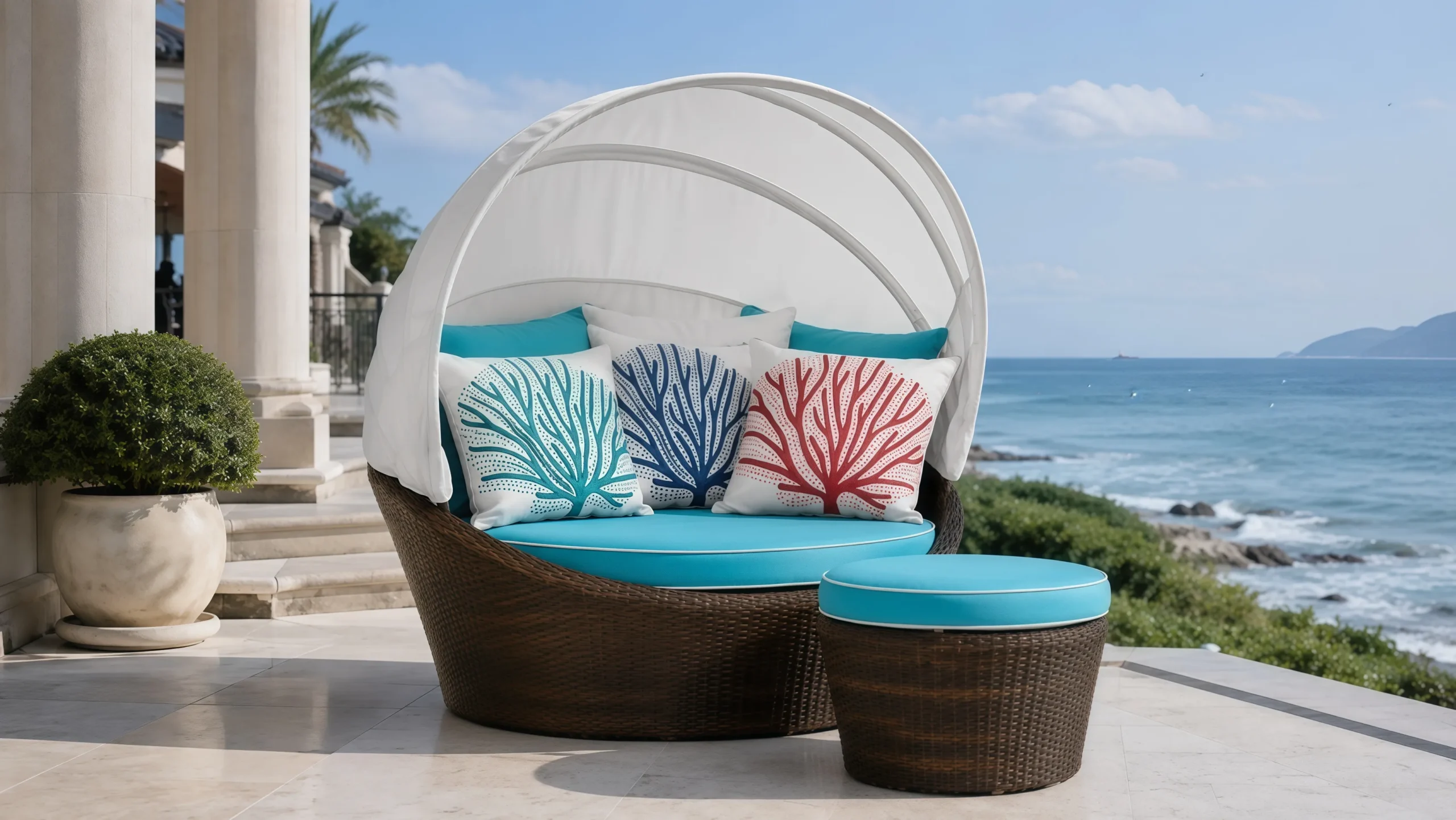 Large Wicker Outdoor Daybed with Foldable Canopy and Ottoman
