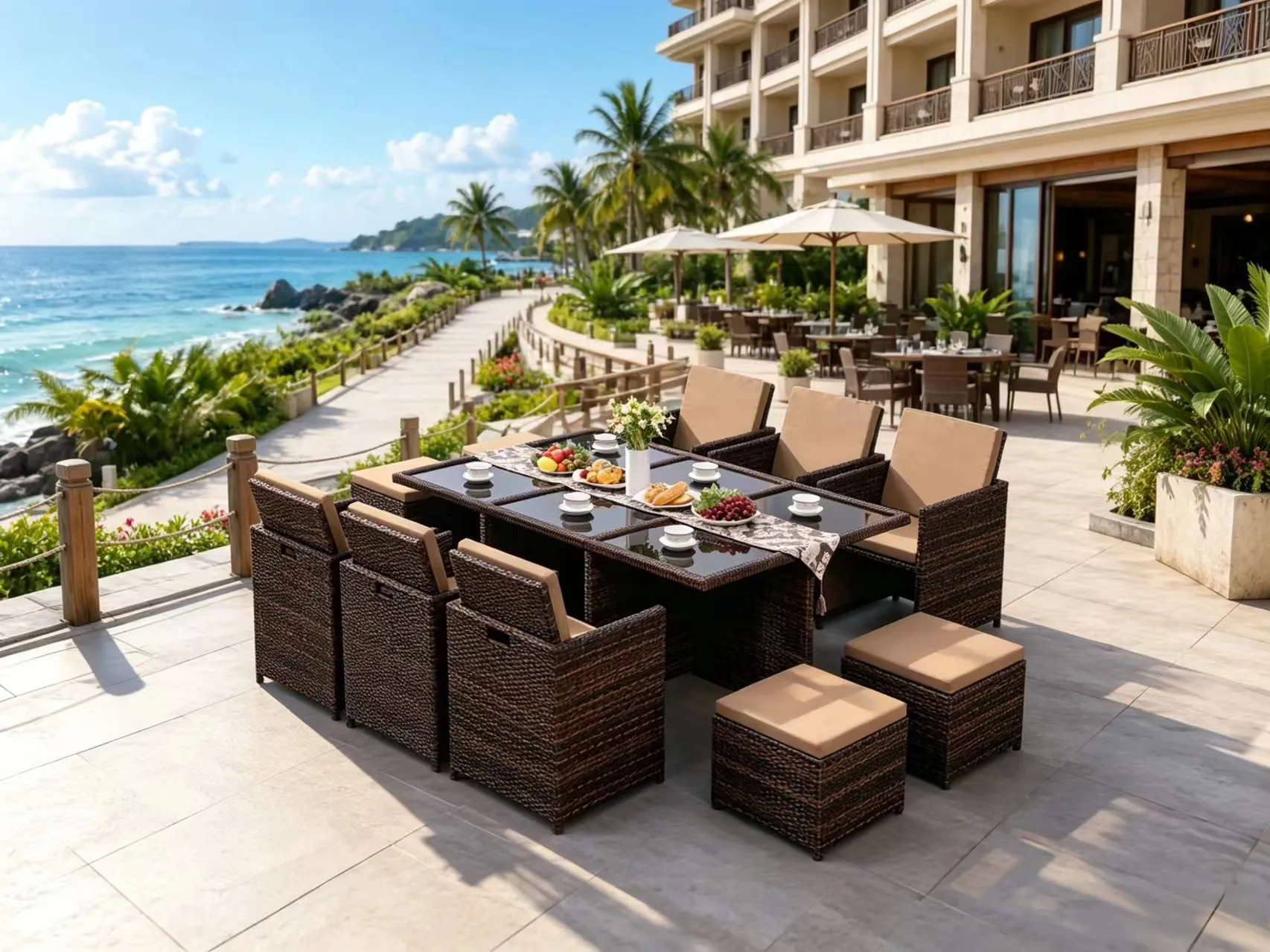 PE rattan outdoor dining set for hotel patio dining area