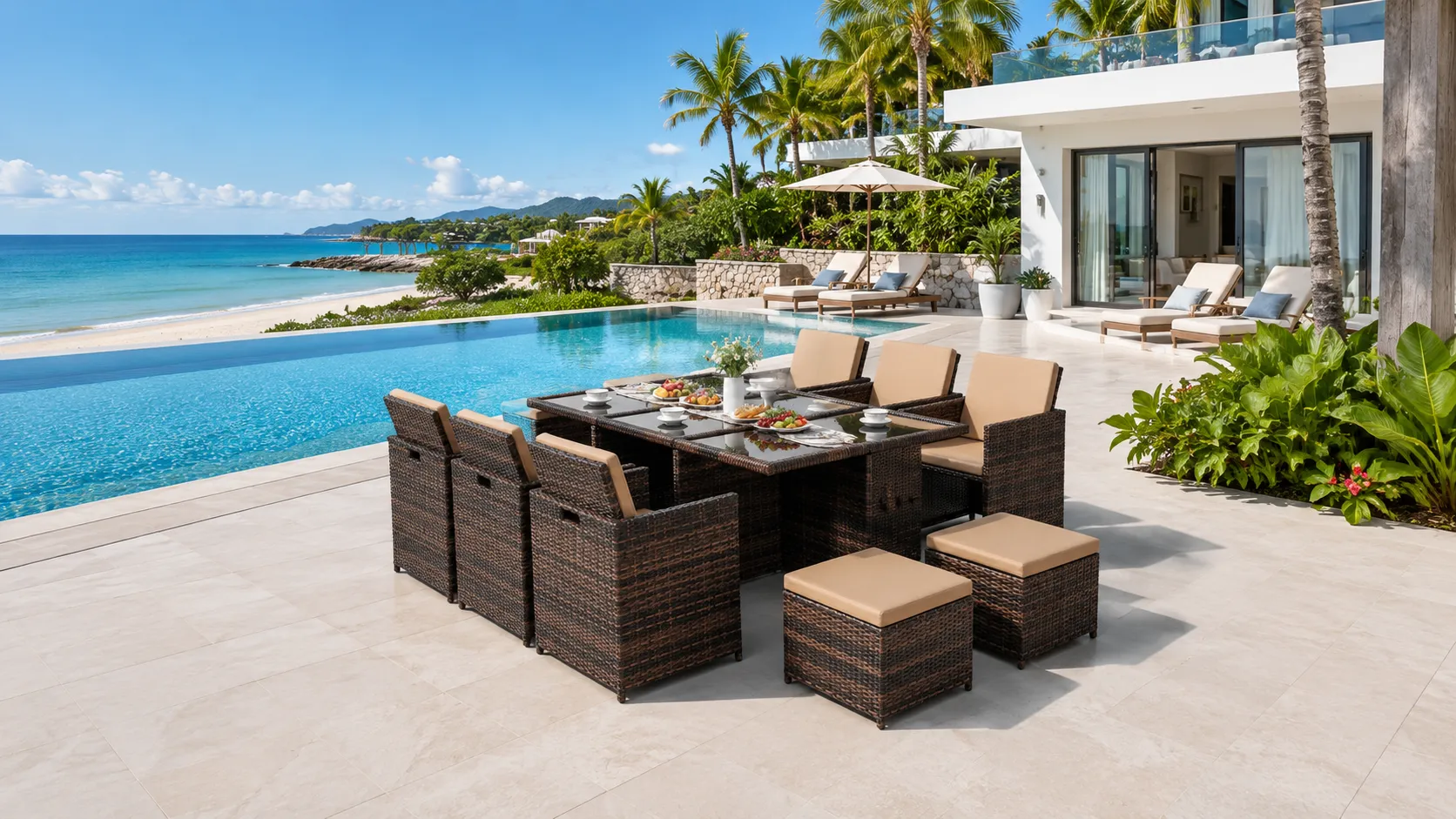 PE Rattan Outdoor Dining Set with 6 Chairs, 4 Stools & Rectangular Glass Table for Hotel Patio