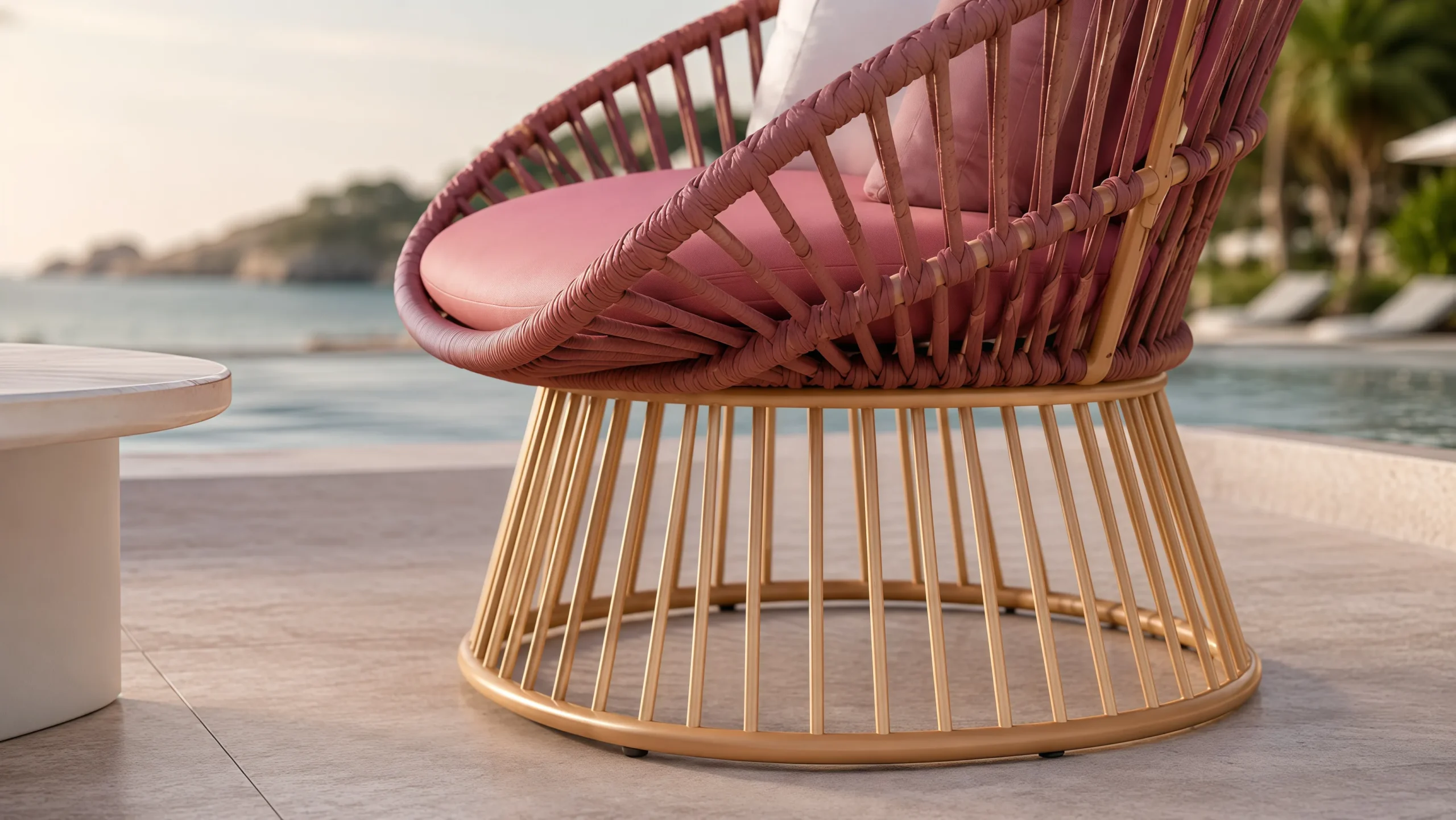 Pink Outdoor Rope Conversation Set with Sofa, Lounge Chairs and Coffee Table