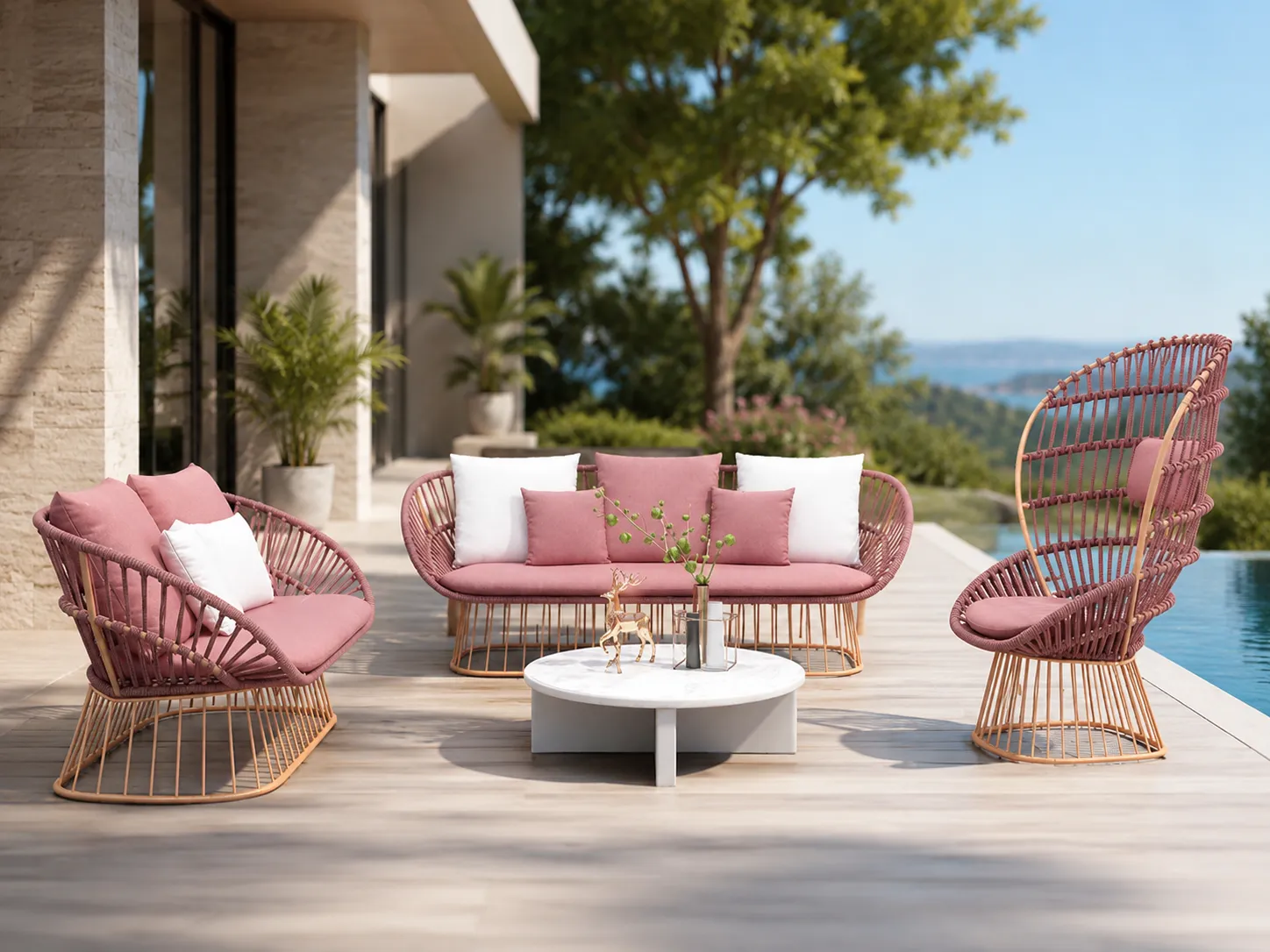 Pink rope sofa set for hotel patio and outdoor lounge projects