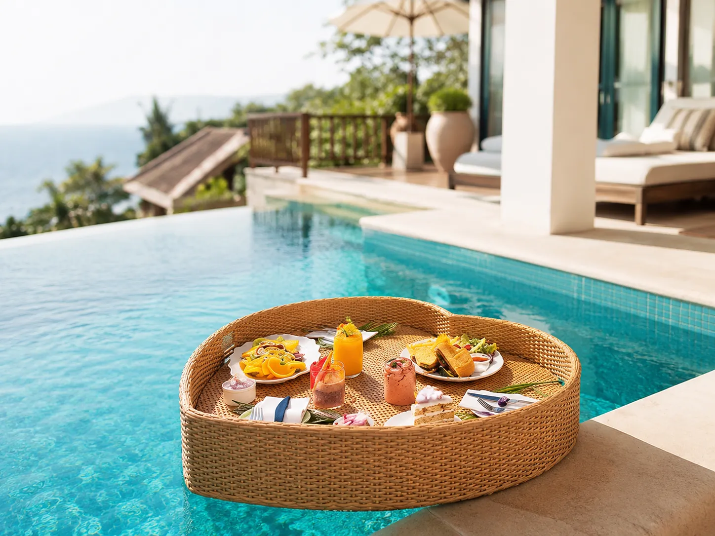 Floating wicker tray for hotel poolside food and drink service
