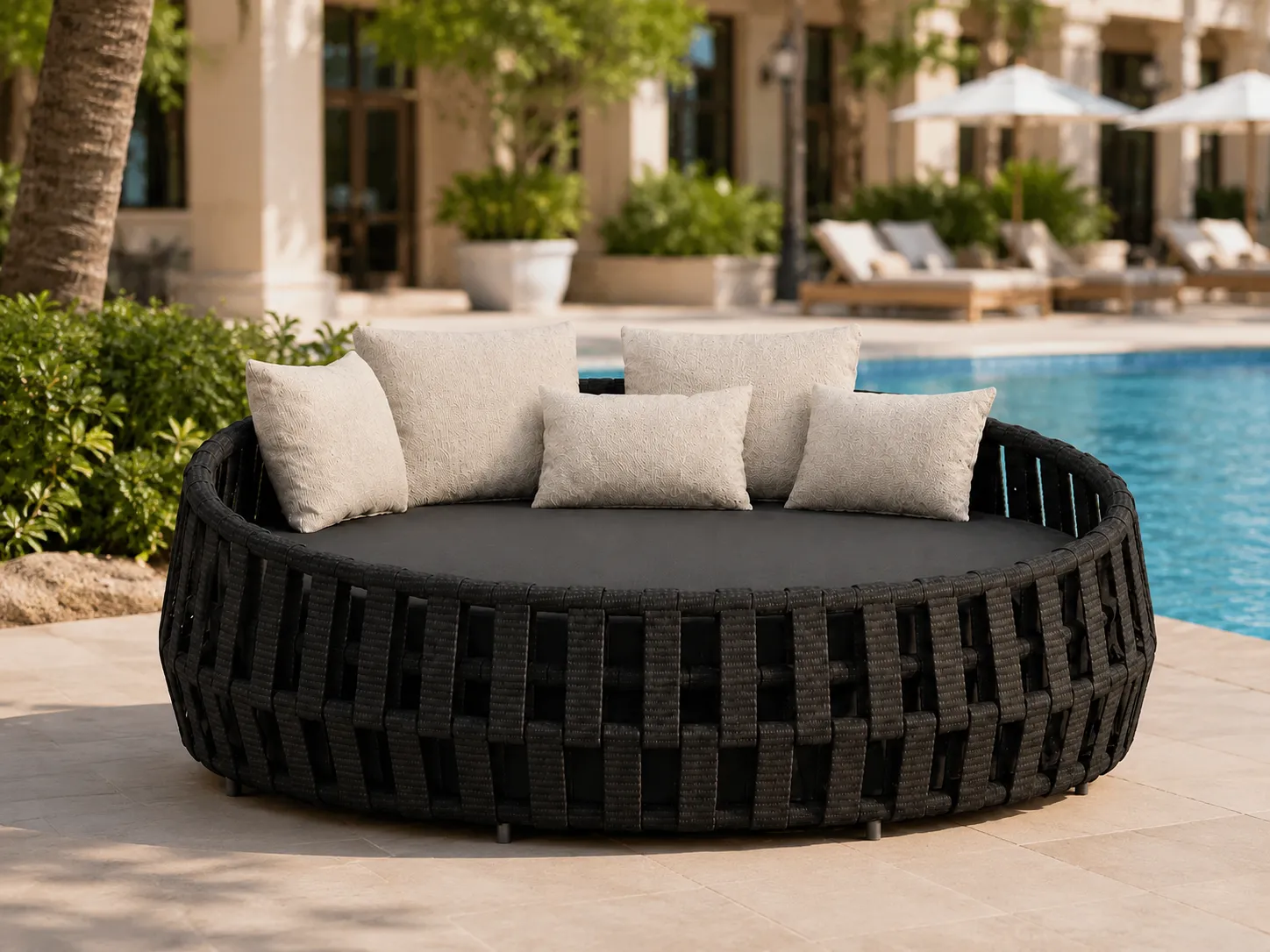 Black wicker outdoor daybed placed beside a hotel swimming pool