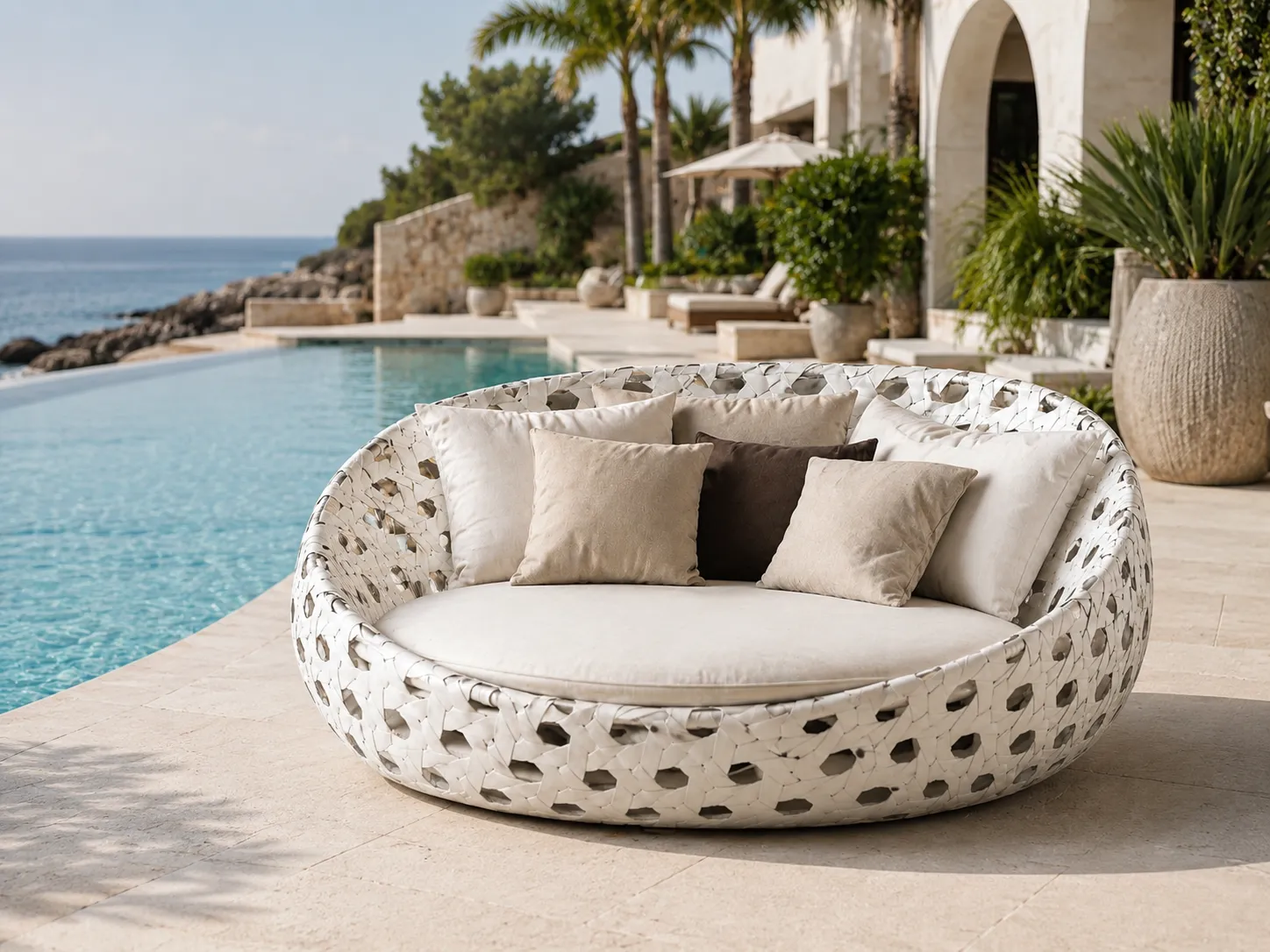 White round wicker outdoor daybed placed beside a hotel swimming pool