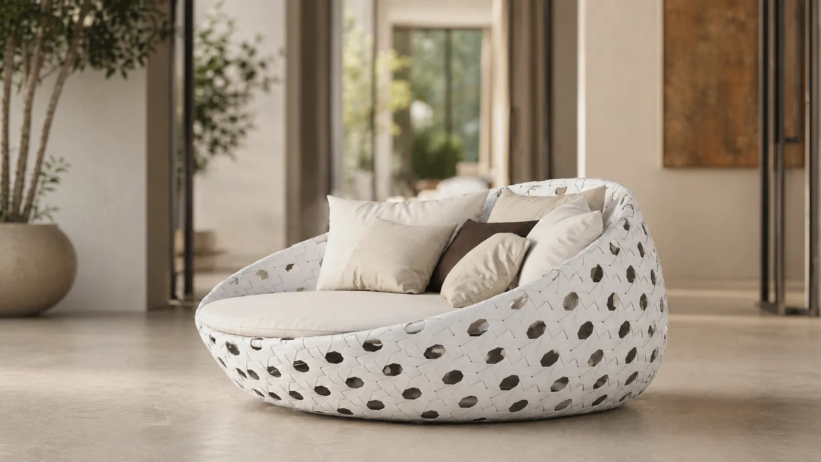 White Round Wicker Outdoor Daybed for Hotel Poolside