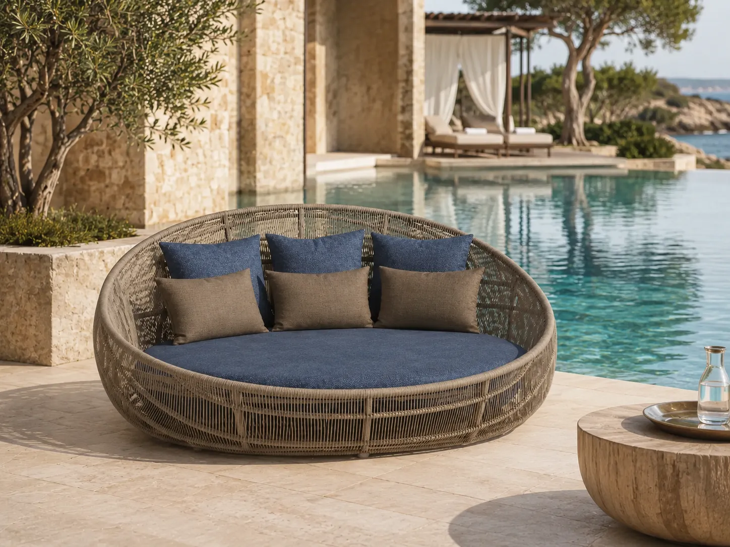 Round wicker outdoor daybed placed beside a hotel swimming pool