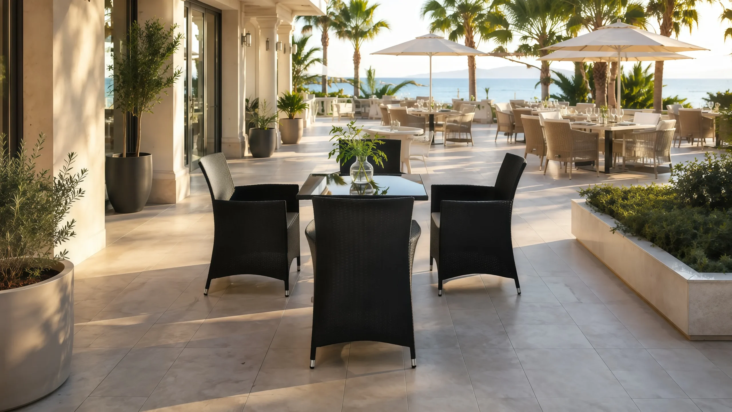 Black PE Rattan Patio Dining Set with 4 Armchairs and Square Glass Table
