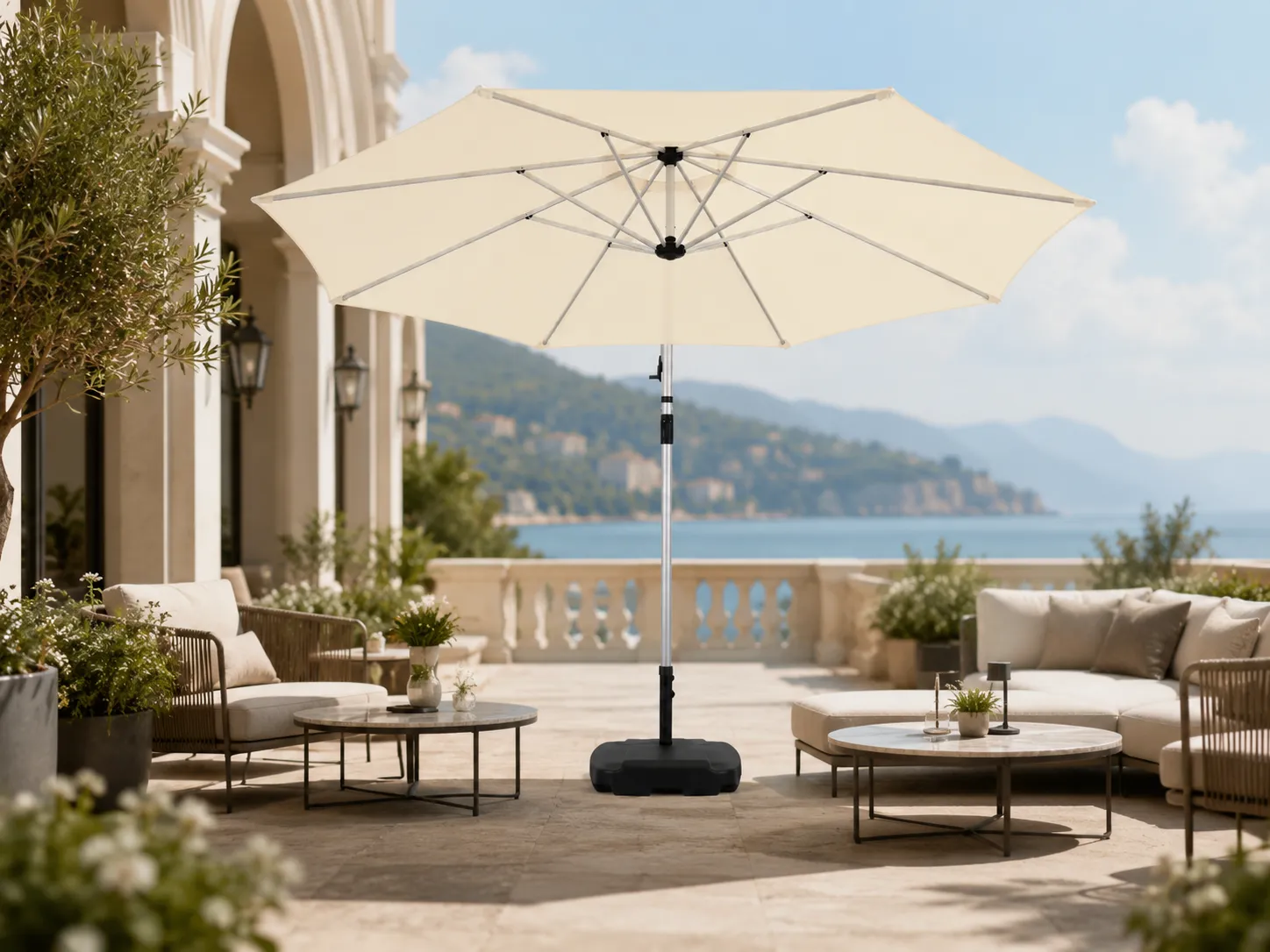 Cantilever patio umbrella for hotel terrace shade