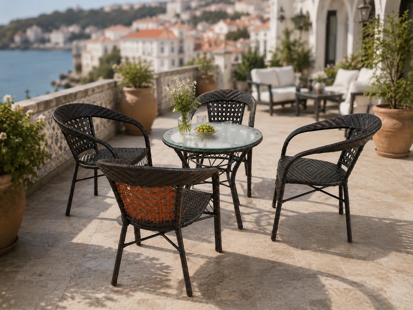 Dark brown wicker dining set for hotel terrace
