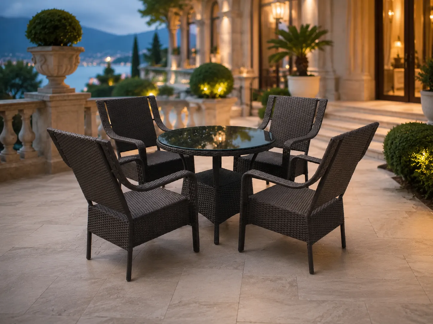 Dark brown wicker round dining set for hotel terrace