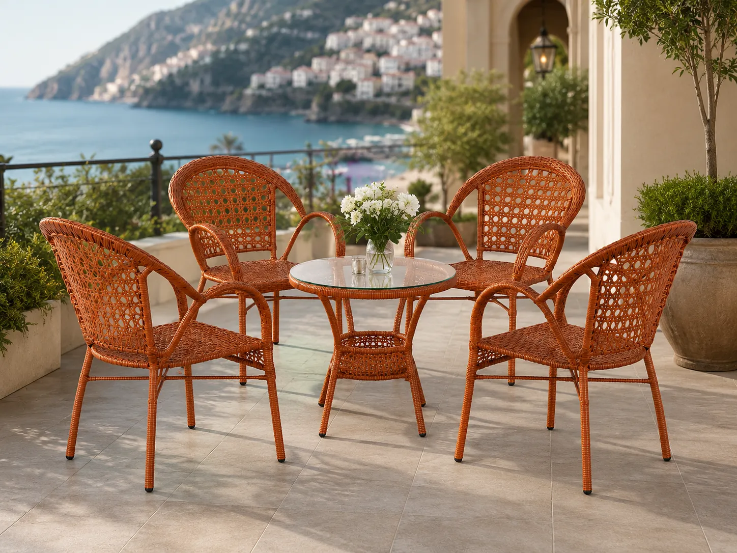 Honey brown wicker dining set for hotel terrace
