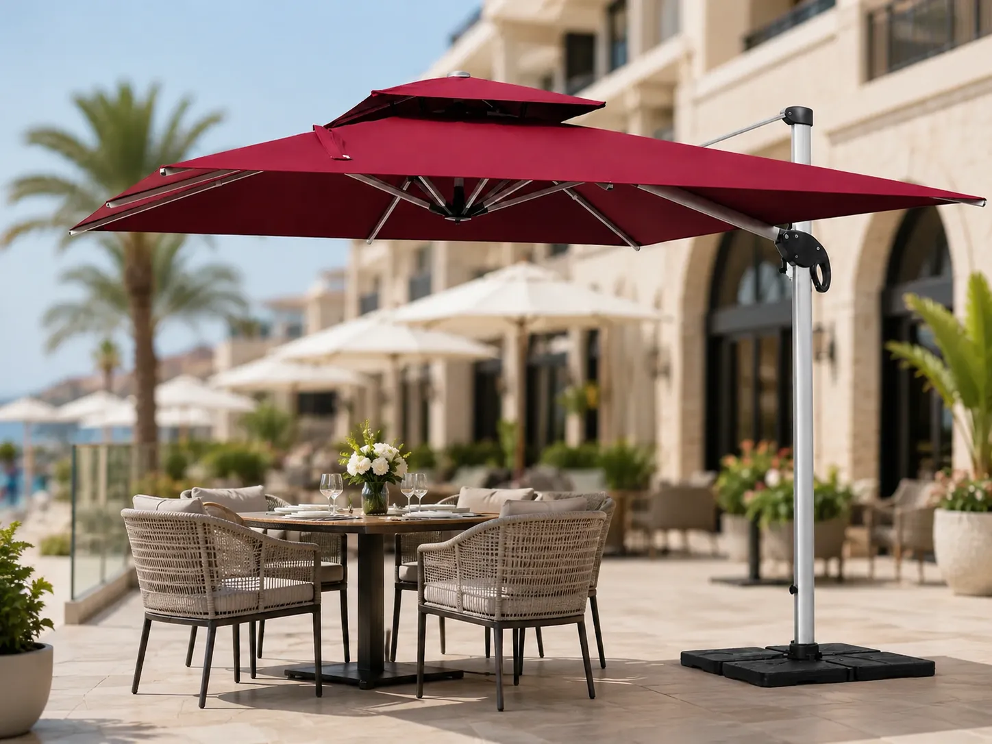 Red cantilever patio umbrella for hotel terrace shade