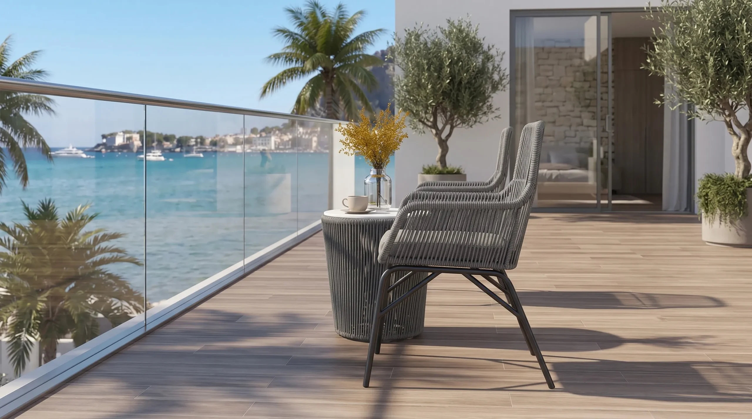 Outdoor Rope Bistro Set with 2 Grey Armchairs & Round Side Table for Balcony Patio Café