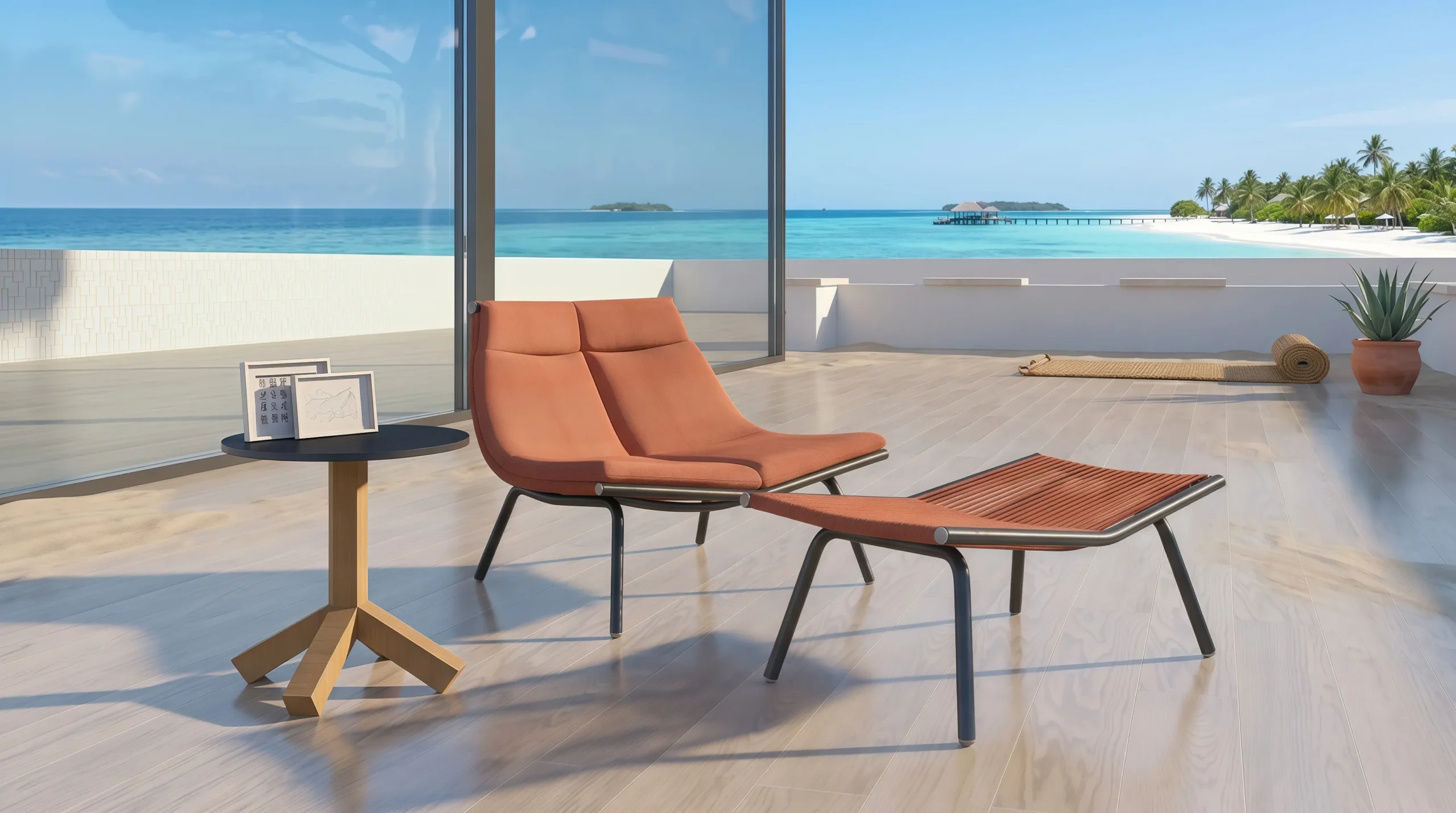 Outdoor Rope Lounge Chair with Ottoman & Side Table for Hotel Terrace Poolside Patio