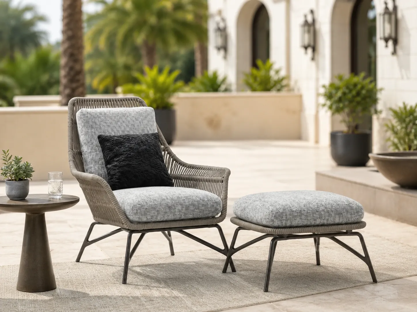 Woven rope lounge chair with ottoman for hotel terrace seating
