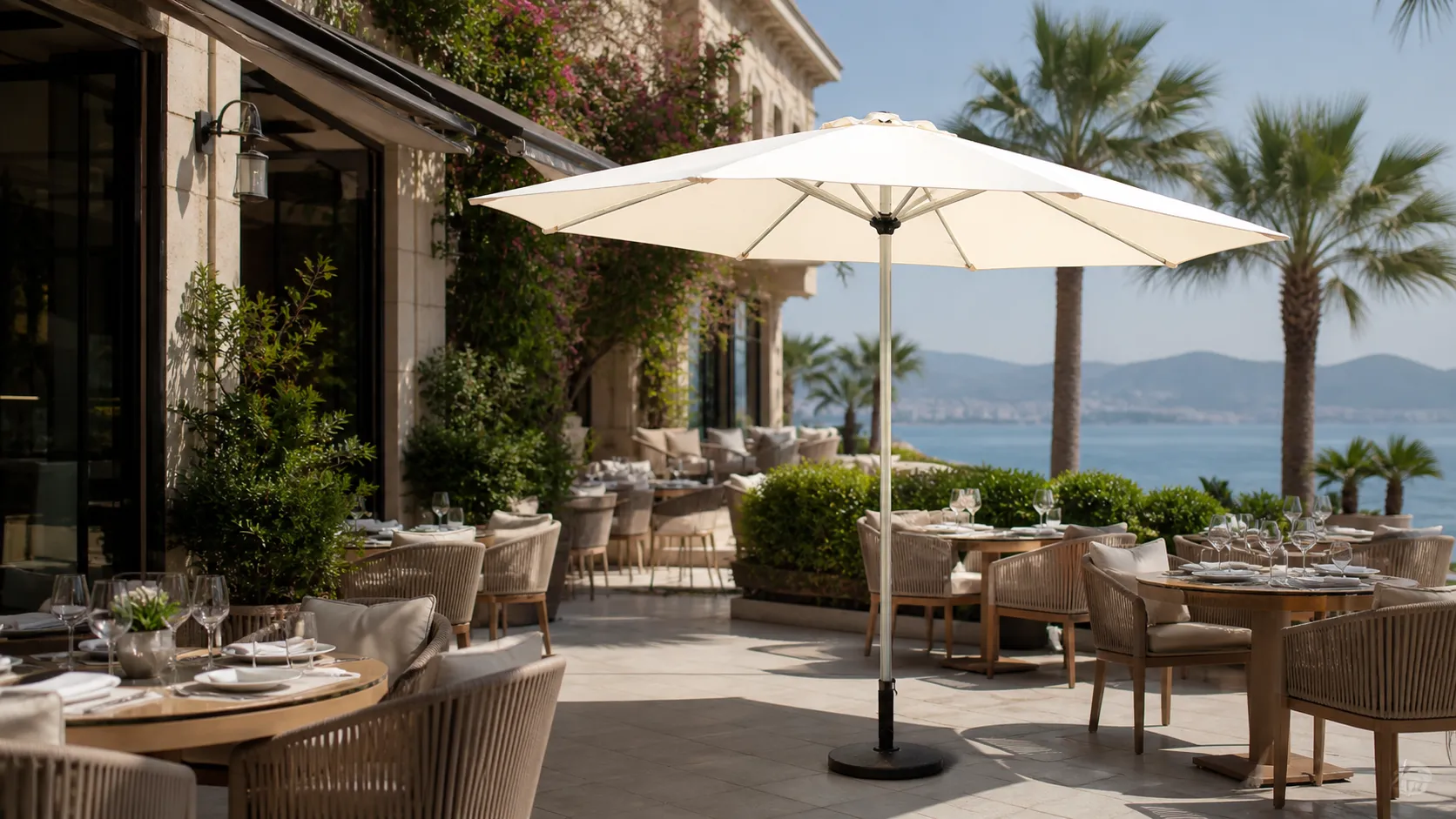 Stainless Steel Patio Market Umbrella with Base for Outdoor Dining Shade