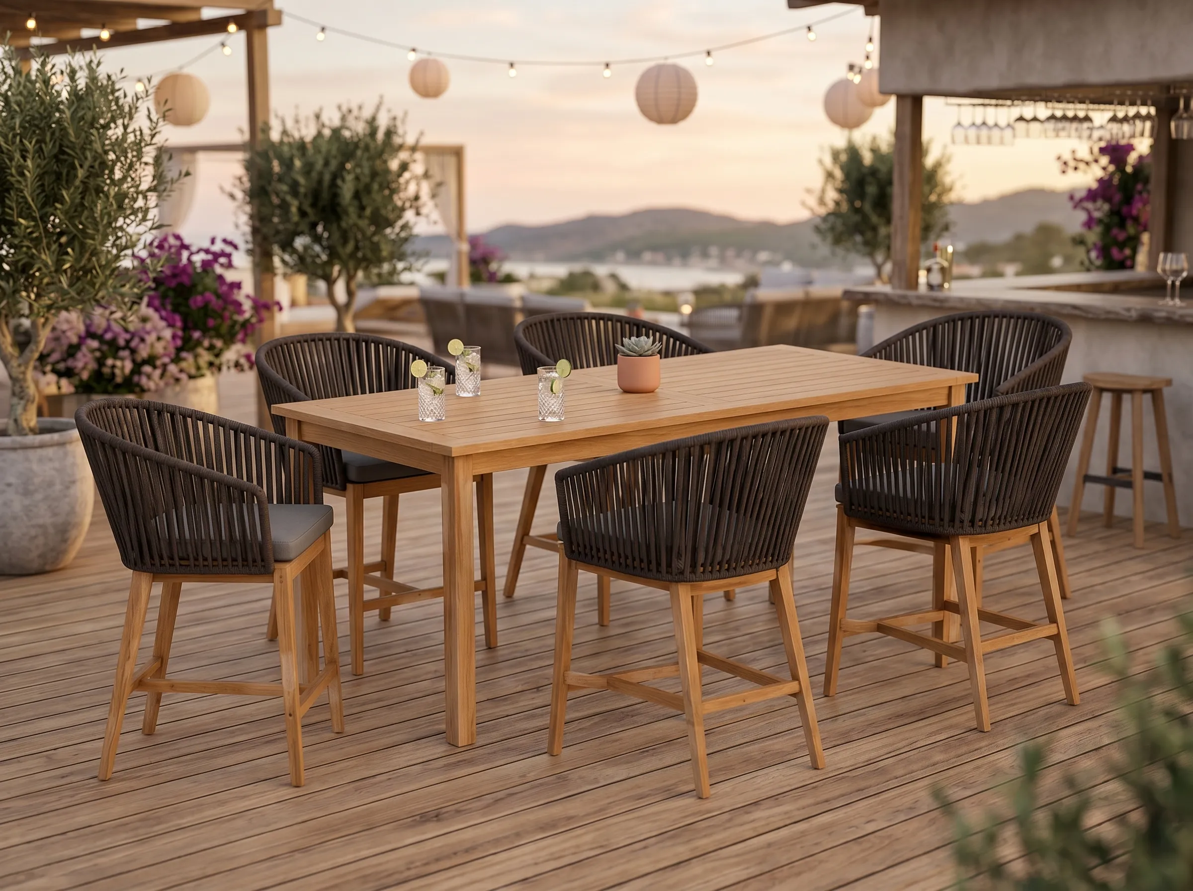 Teak rope bar dining set used on a hotel terrace dining area