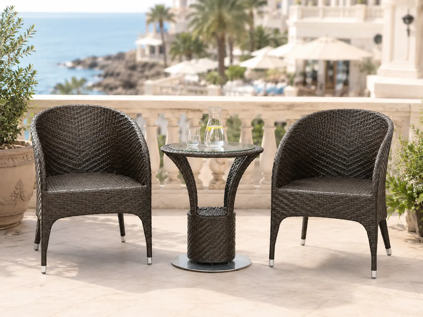 Wicker bistro set for hotel terrace
