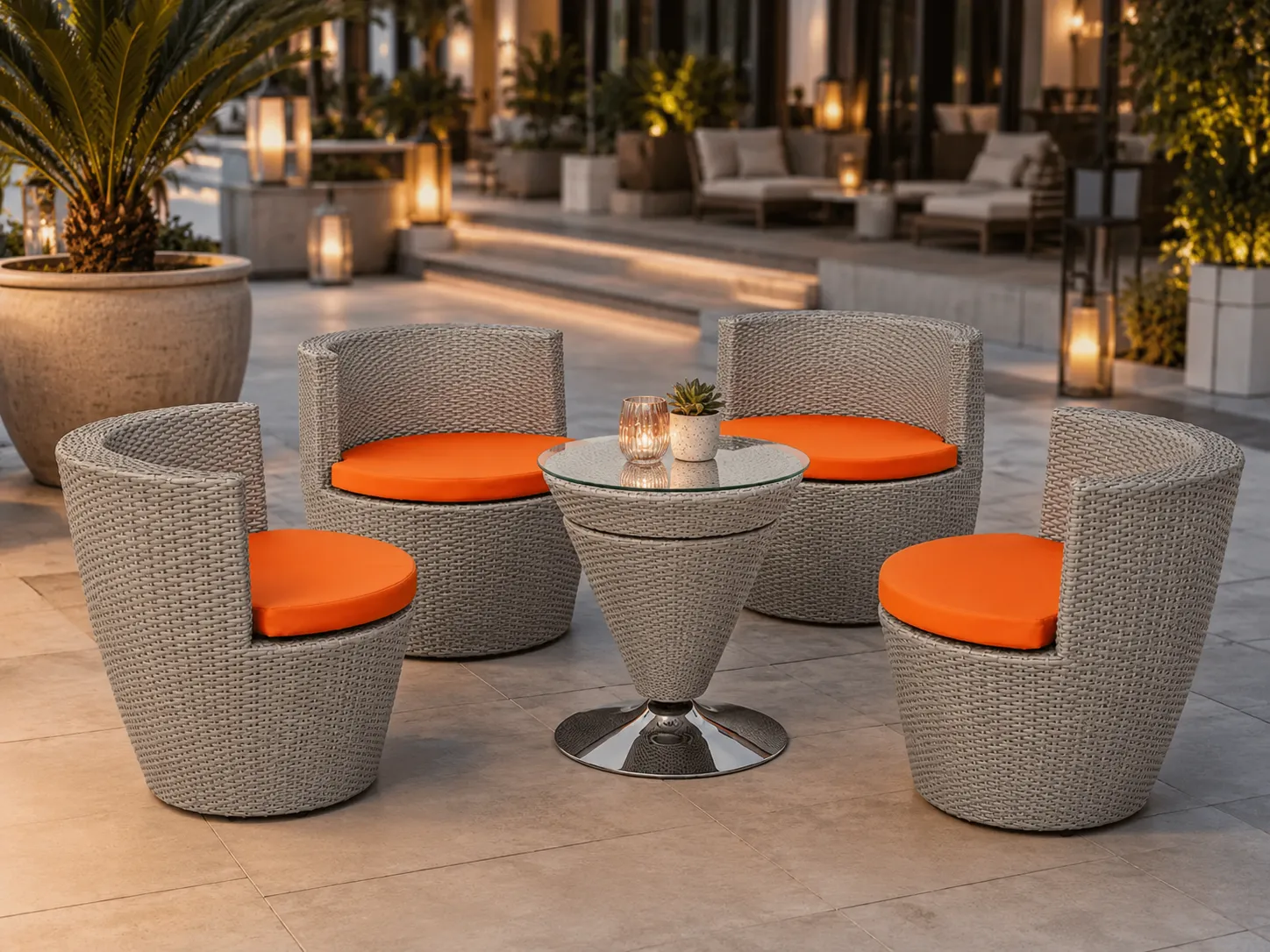 Wicker conversation set with orange cushions for hotel terrace