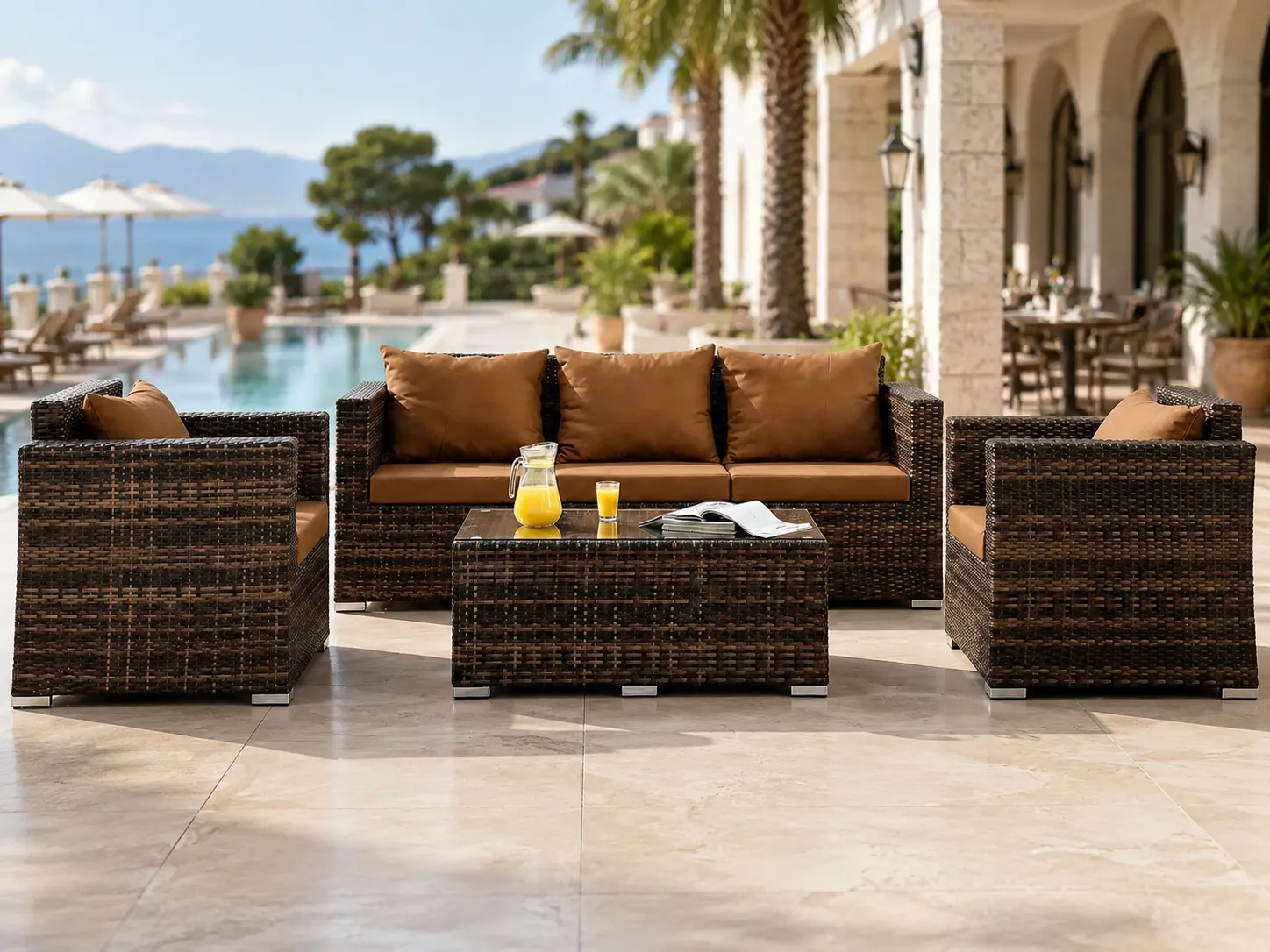 Wicker conversation sofa set for hotel terrace seating