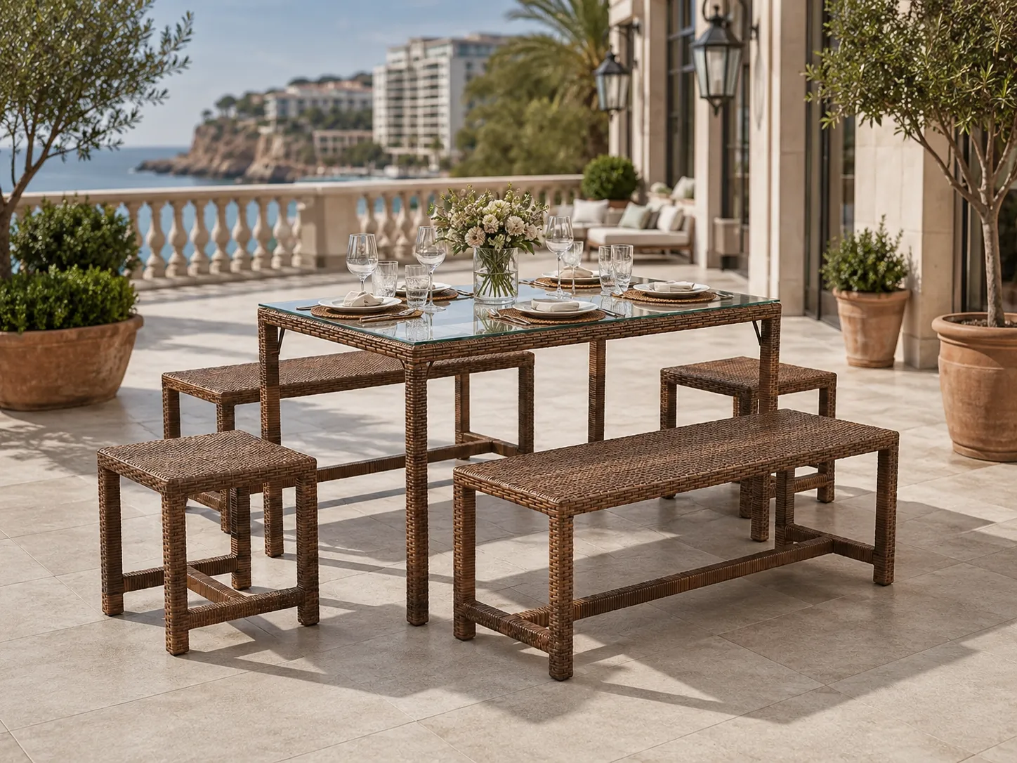 Wicker dining table with bench and stools for hotel terrace