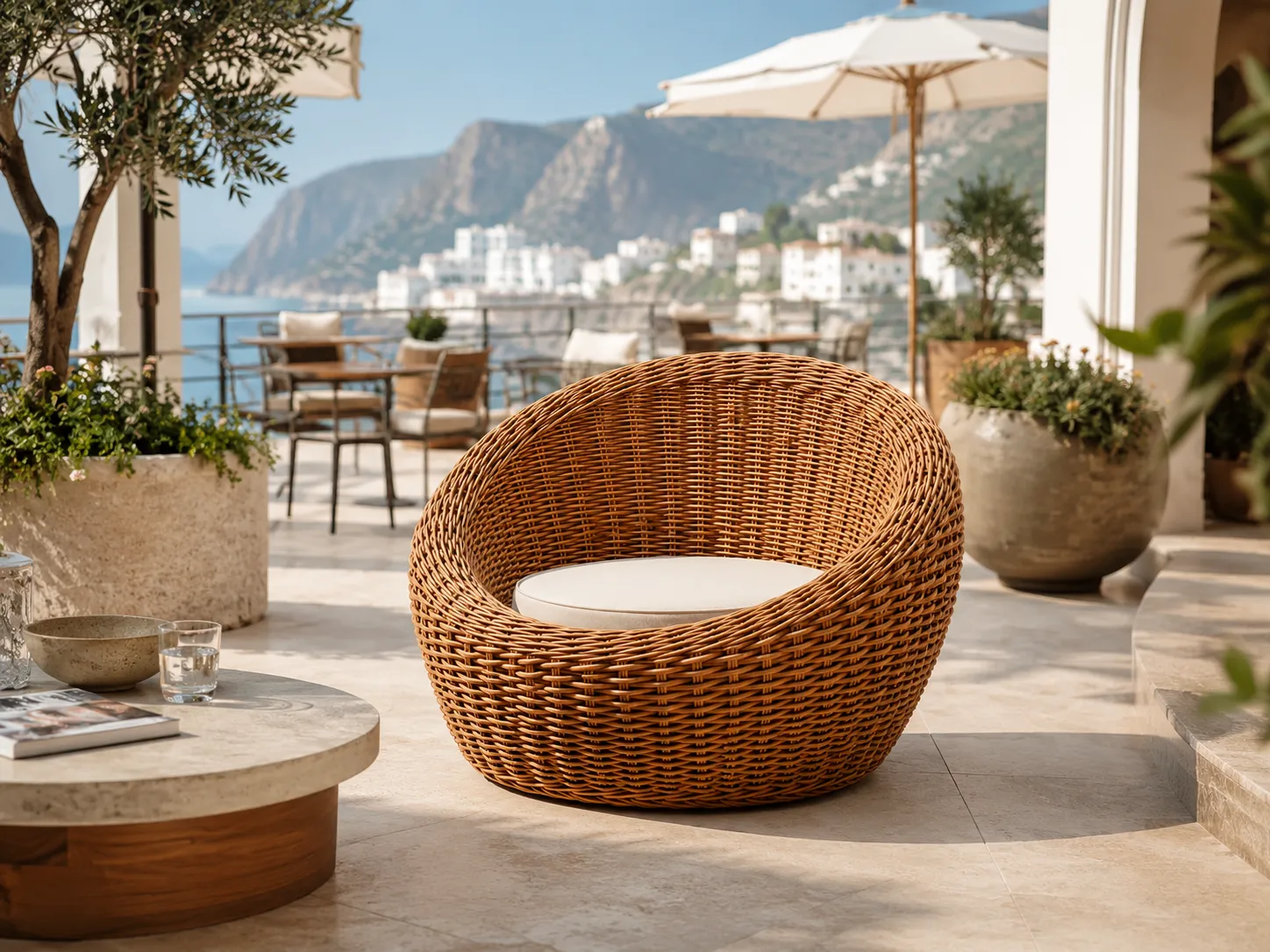 Wicker lounge chair for hotel terrace seating