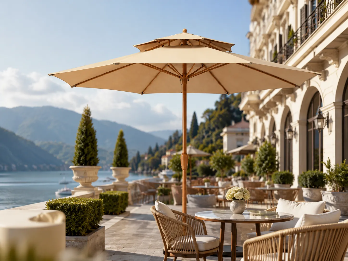 Wooden patio umbrella for hotel terrace shade