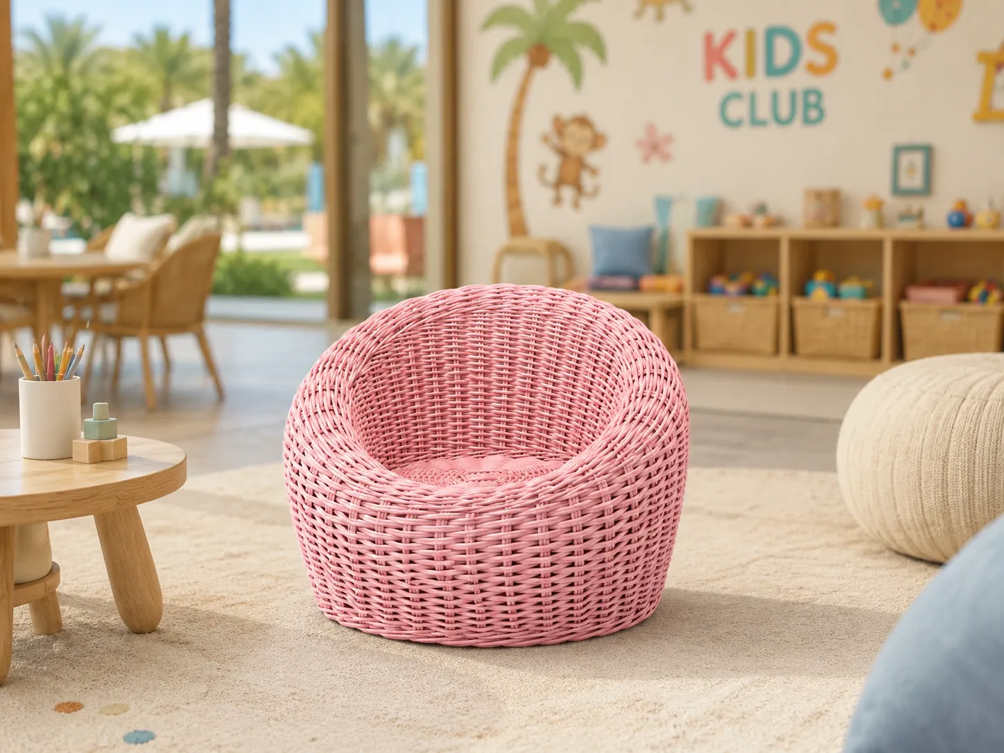 Pink wicker lounge chair for kids club seating areas