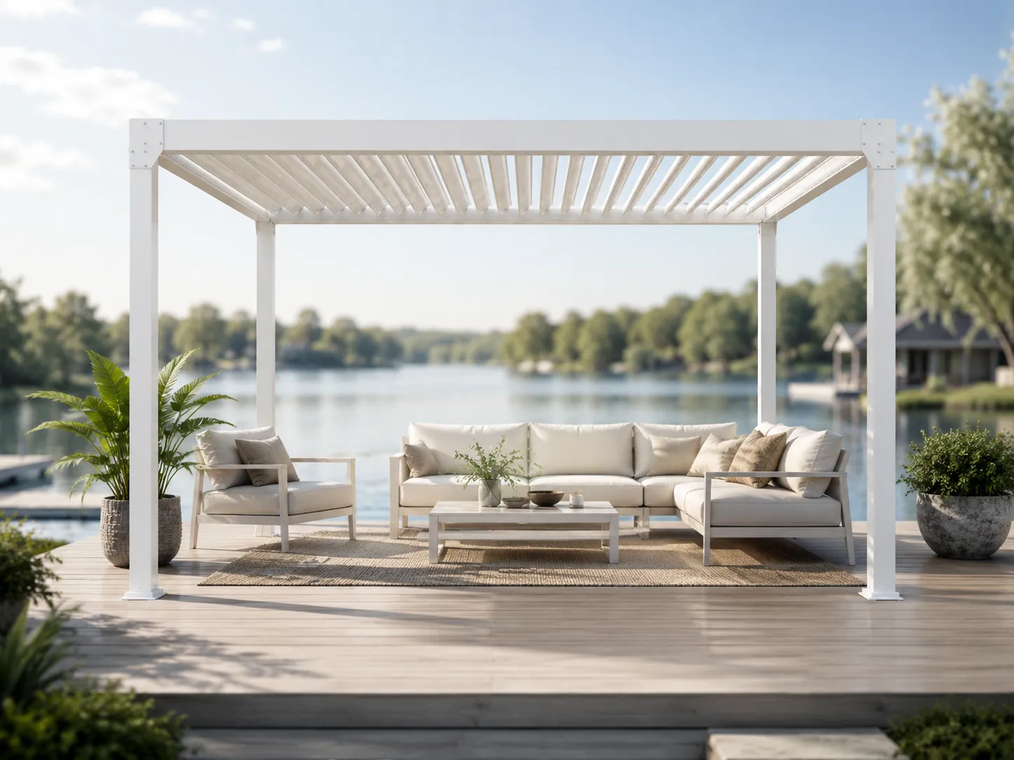 Outdoor louvered moonlight pergola used in a lakeside lounge area