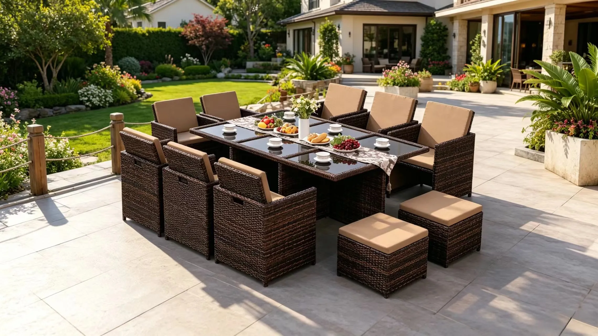 Large rattan dining set layout with 6 chairs and 4 stools