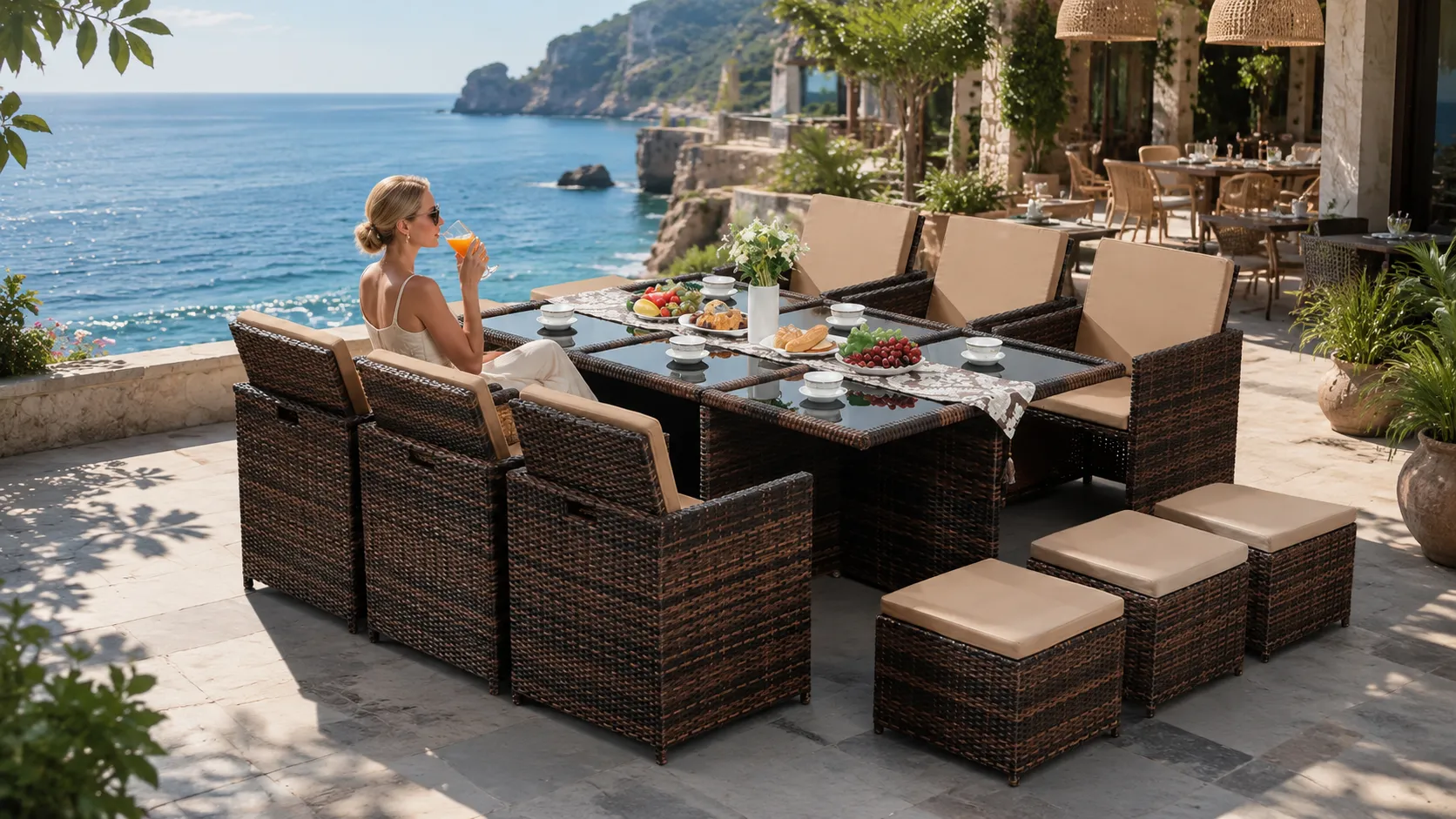 PE Rattan Outdoor Dining Set with 6 Chairs, 4 Stools & Rectangular Glass Table for Hotel Patio