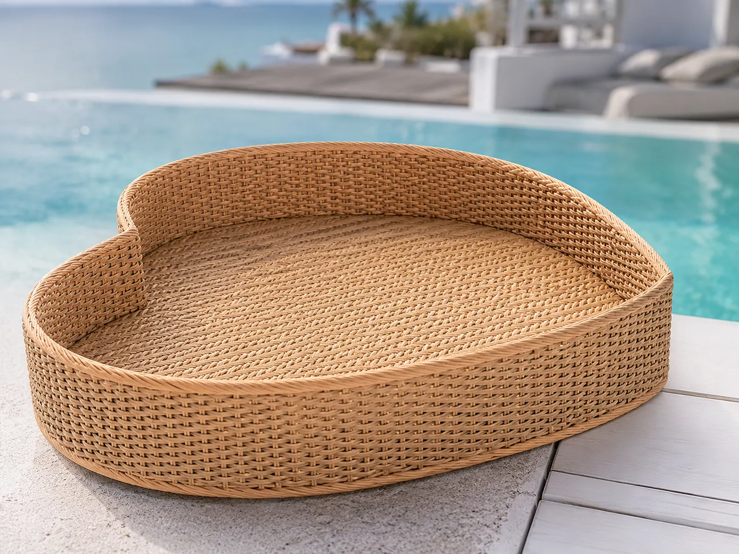 Large woven PE rattan pool tray detail for outdoor hospitality use