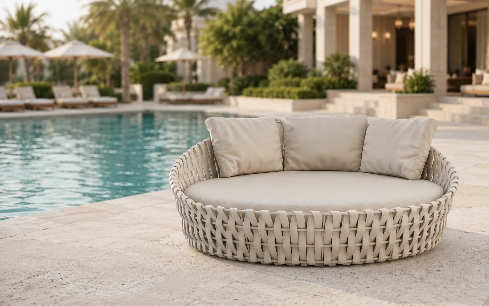 XIMU Furniture large rope outdoor daybed with beige cushions and pillows