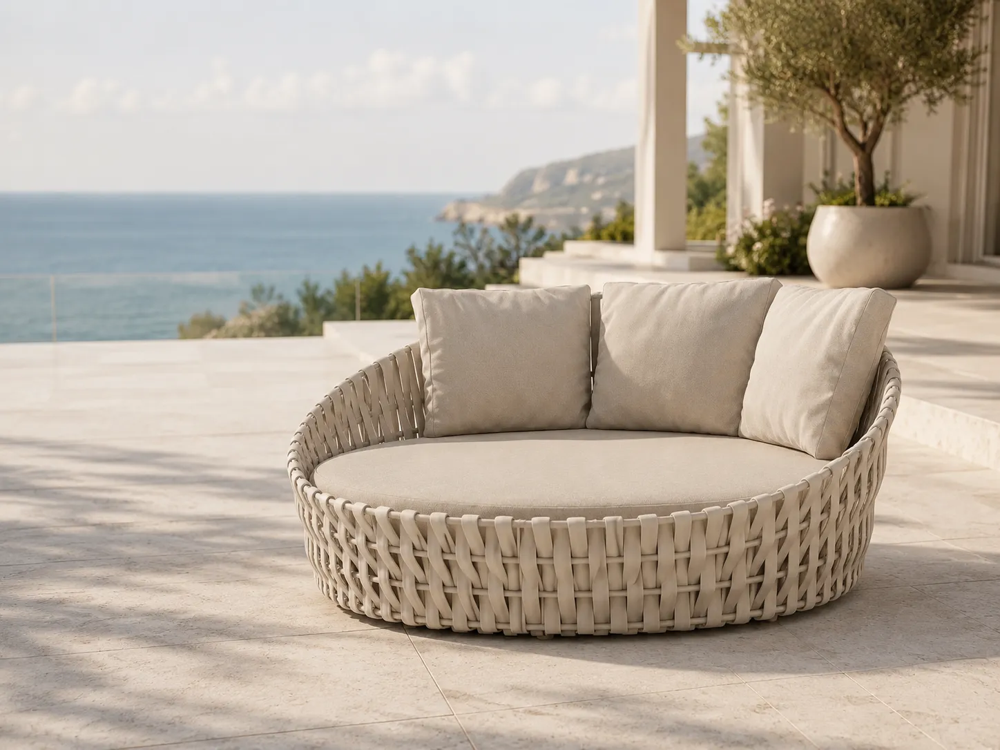 Side view of large rope outdoor daybed with round lounge structure