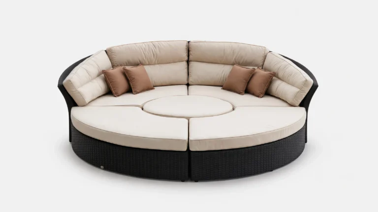 Large Round Wicker Outdoor Daybed with Beige Cushions