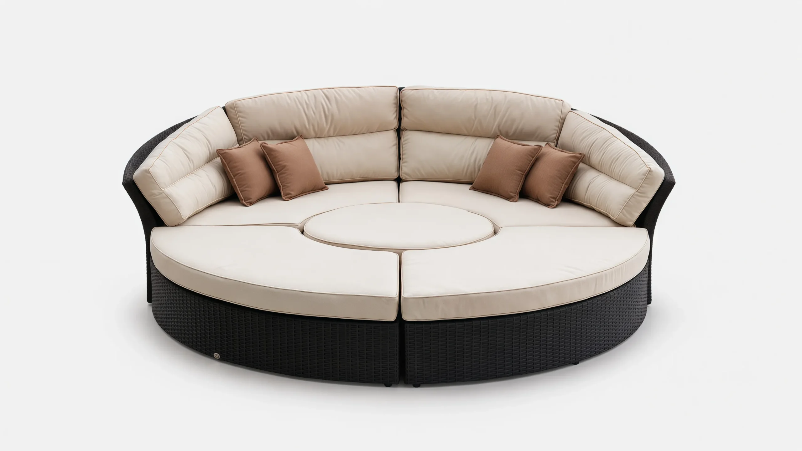 Large Round Wicker Outdoor Daybed with Beige Cushions