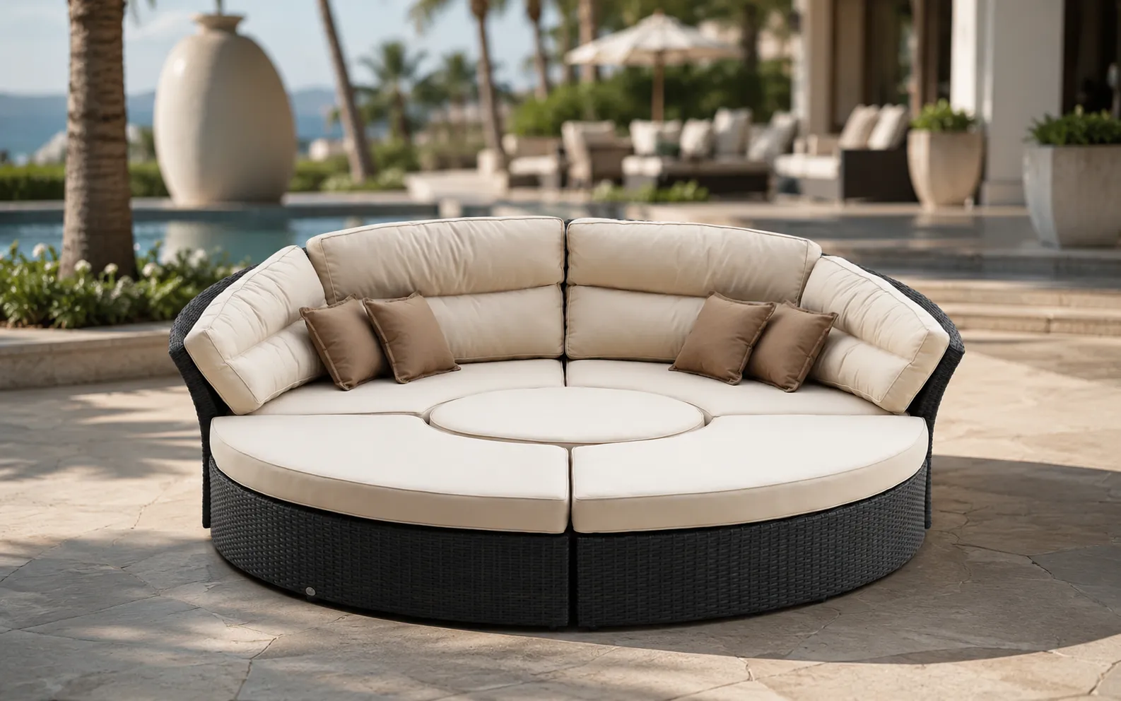 XIMU Furniture large round wicker outdoor daybed with beige cushions and pillows