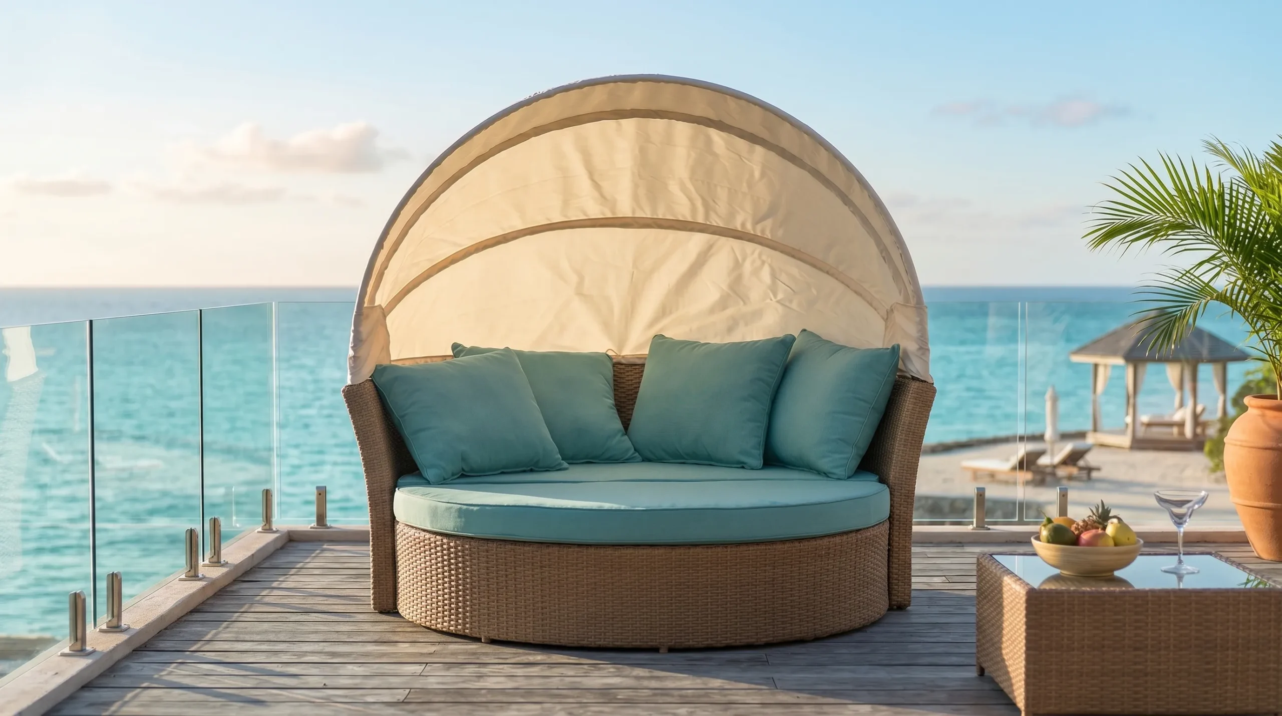 Large Wicker Outdoor Daybed with Adjustable Canopy