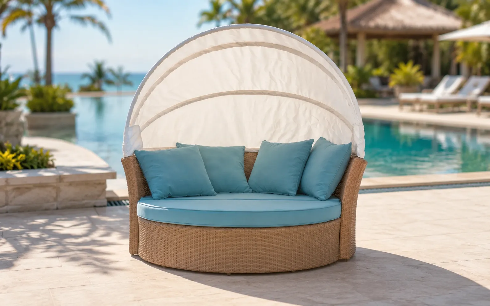 XIMU Furniture large wicker outdoor daybed with adjustable canopy and blue cushions
