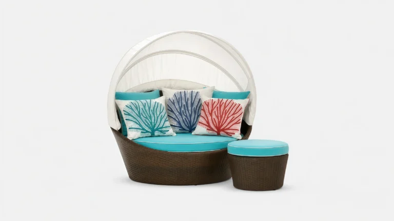 Large Wicker Outdoor Daybed with Foldable Canopy and Ottoman