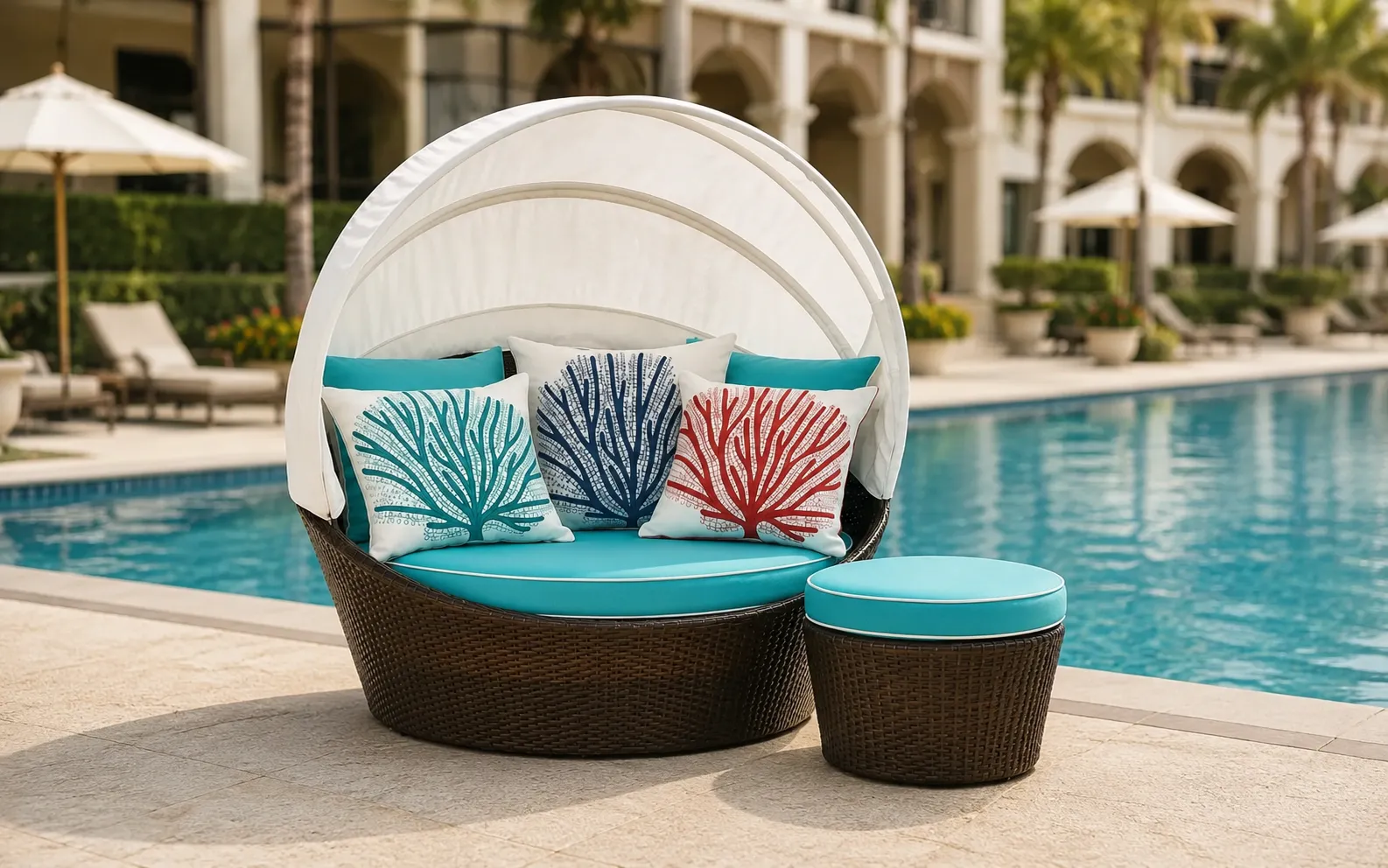 XIMU Furniture large wicker outdoor daybed with foldable canopy and ottoman