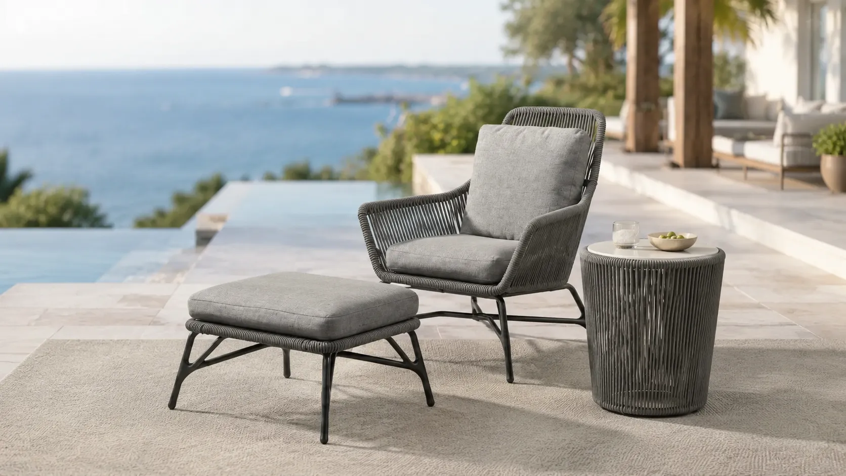 Outdoor lounge chair ottoman and side table layout