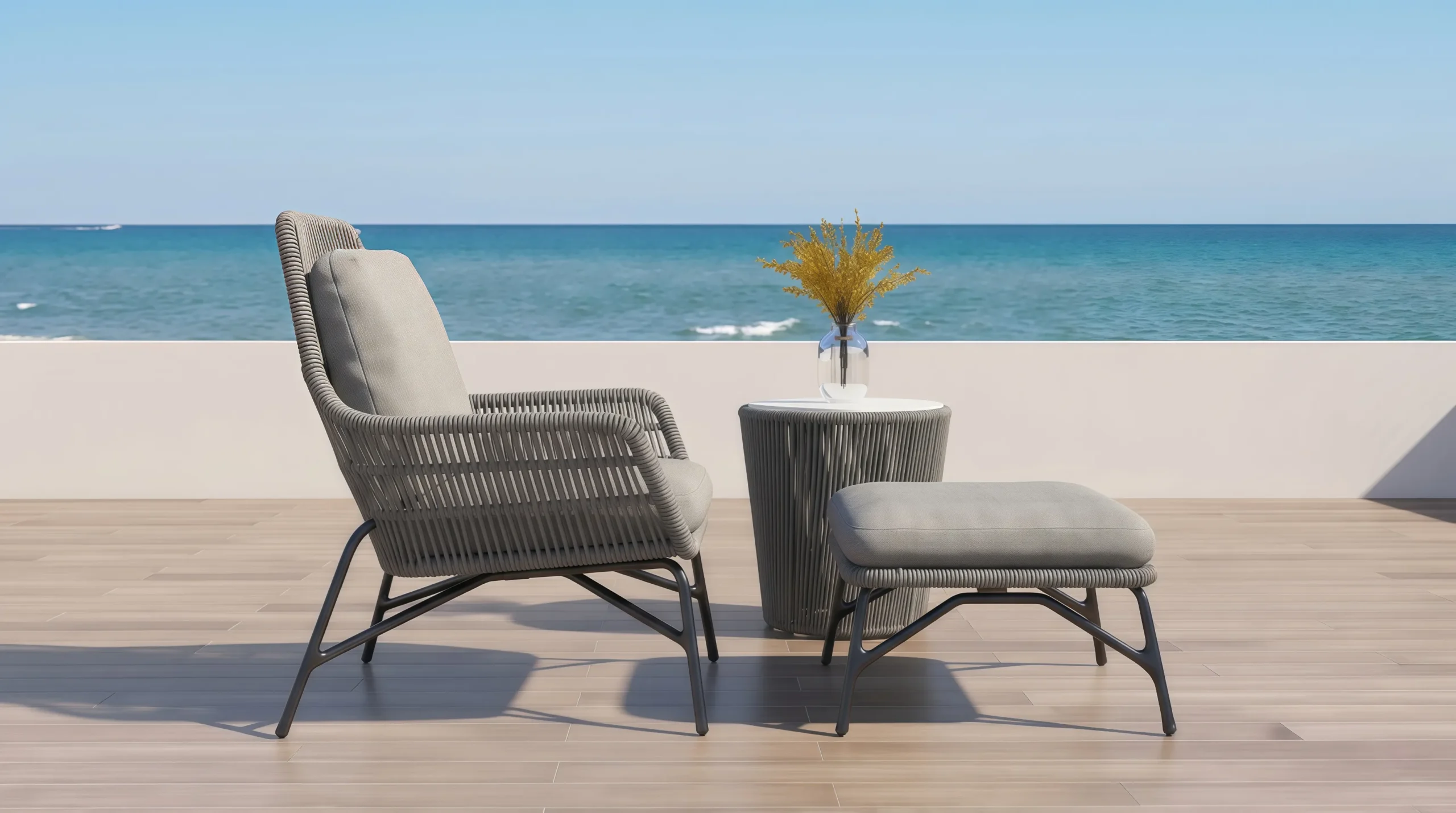 Outdoor Rope Lounge Chair and Ottoman Set with Side Table for Poolside Patio Hotel Terrace
