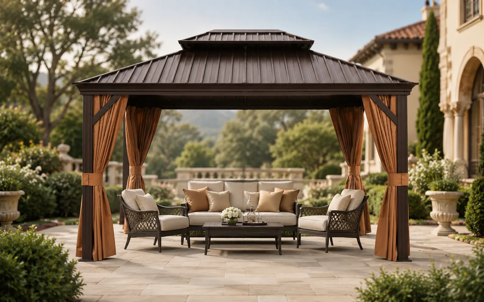 XIMU Furniture Luxembourg double roof galvanized steel gazebo with curtains